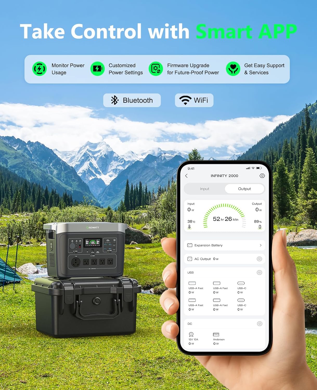 GROWATT Portable Power Station ，INFINITY 2000 Black Electric Solar Generator，2048Wh LifePO4 Battery,2400W AC Output for Home Use, Outdoor Camping, RVs and Emergency Backup(Solar Panel Optional)