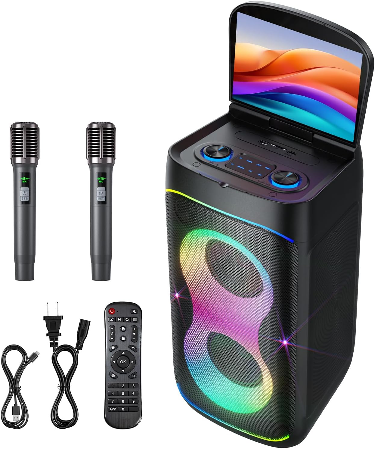 Smart Karaoke Machine with 10.1 Inch Screen, with Lyrics Display, Build-in Karaoke APP, 300W Powerful Speaker, 2 Wireless Microphones, for Family or Friend Party (X1)