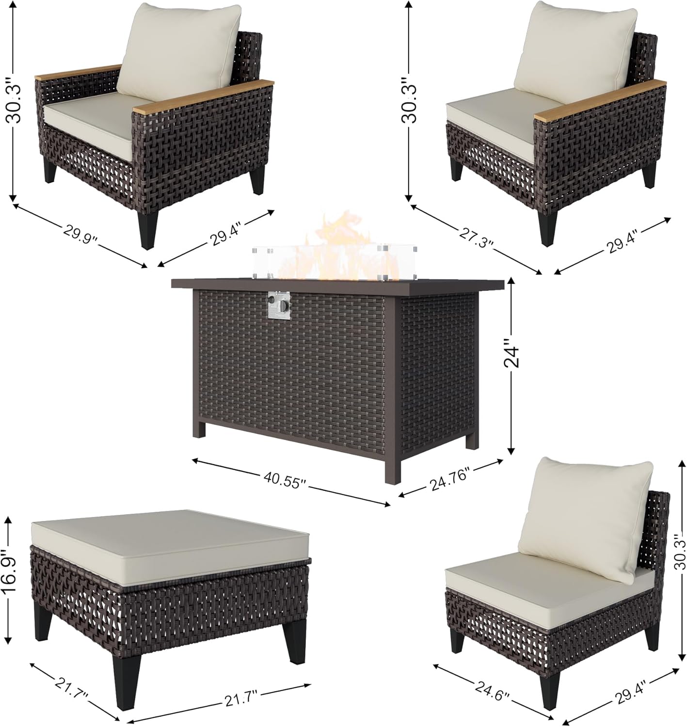 15 Pieces Outdoor Furniture Set, Modern Patio Conversation Sets with Fire Pit Table and Armchairs, Wicker Rattan Sofa Couches Chairs Ottomans for Porch, Deck, Balcony, Backyard, Yard (Beige Cushions)