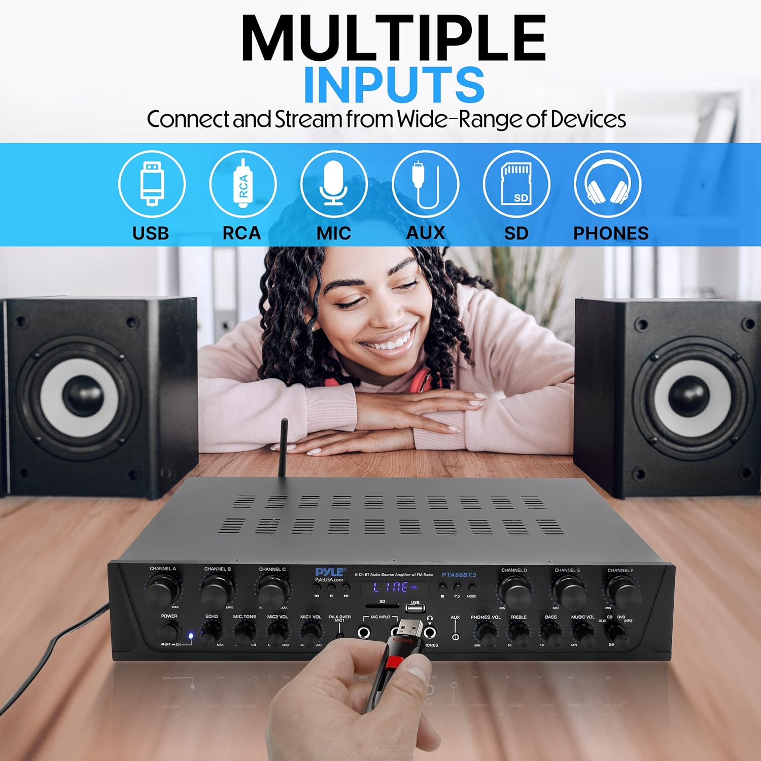 Pyle Wireless Home Audio Amplifier System Bluetooth Compatible Sound Stereo Receiver Amp - 6Channel 600Watt Power, Digital LCD, Headphone Jack, 1/4'' Microphone in USB SD AUX RCA FM Radio- PTA66BT.5