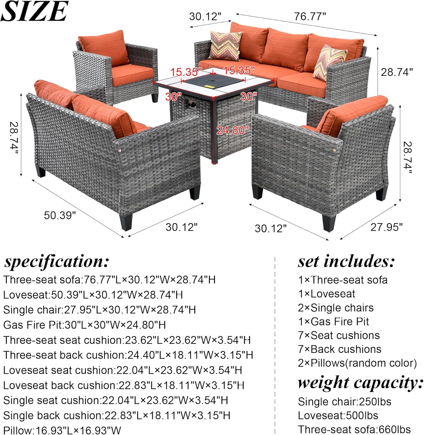 HOOOWOOO Patio Outdoor Furniture Set with Propane Fire Pit Table,5 Piece Modern Wicker Couch Sofa Set, Outside All Weather Resistant Conversation Seating Set with Tilt Back(Orange Red)