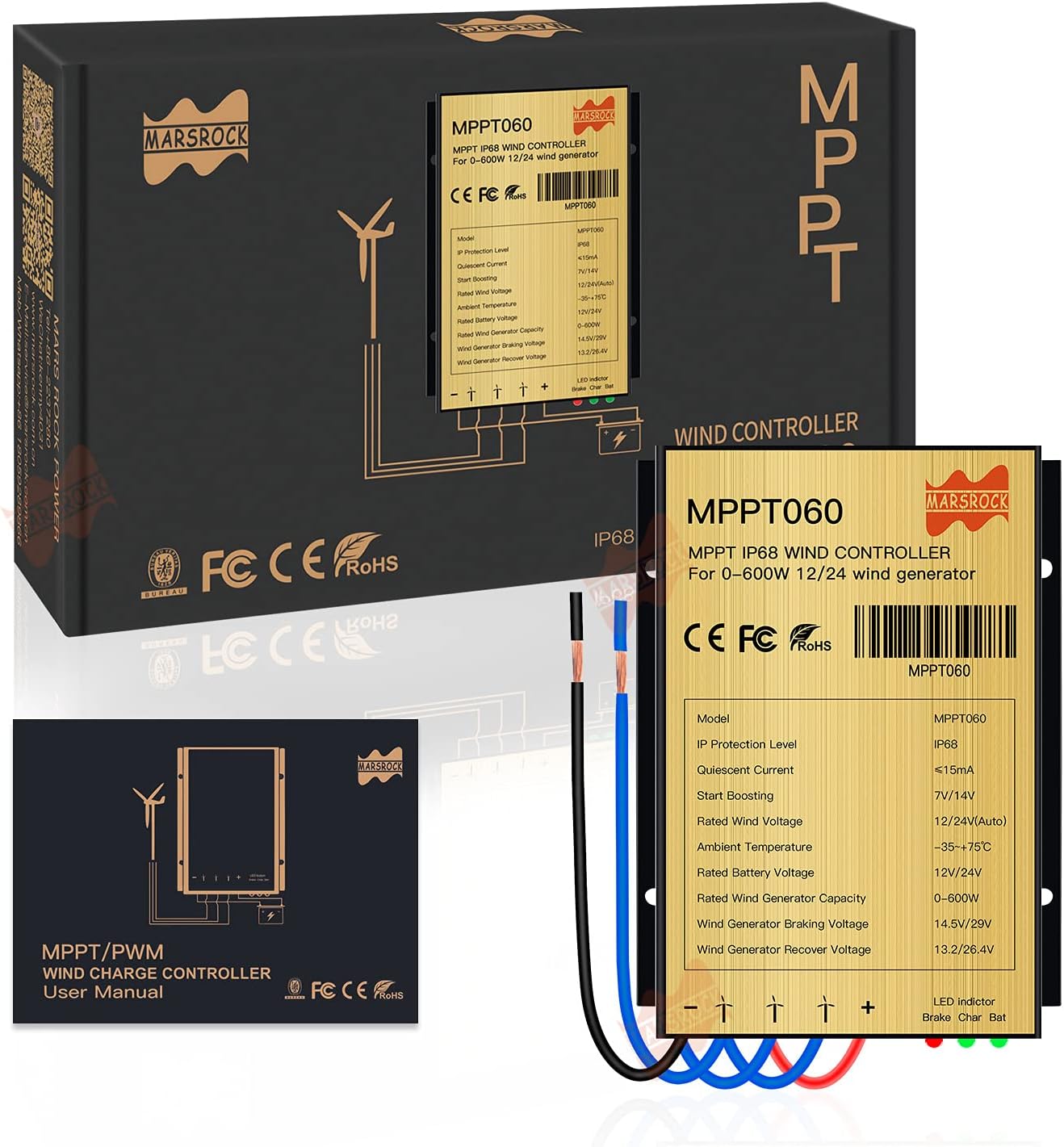 MARS ROCK 600W 24V AC Small Wind Turbine Generator Windmill with LED Indicator MPPT Controller for Wind Solar Hybrid System 2m/s Low Start Wind Speed 3 Blades(3S4-600H-24W-D)