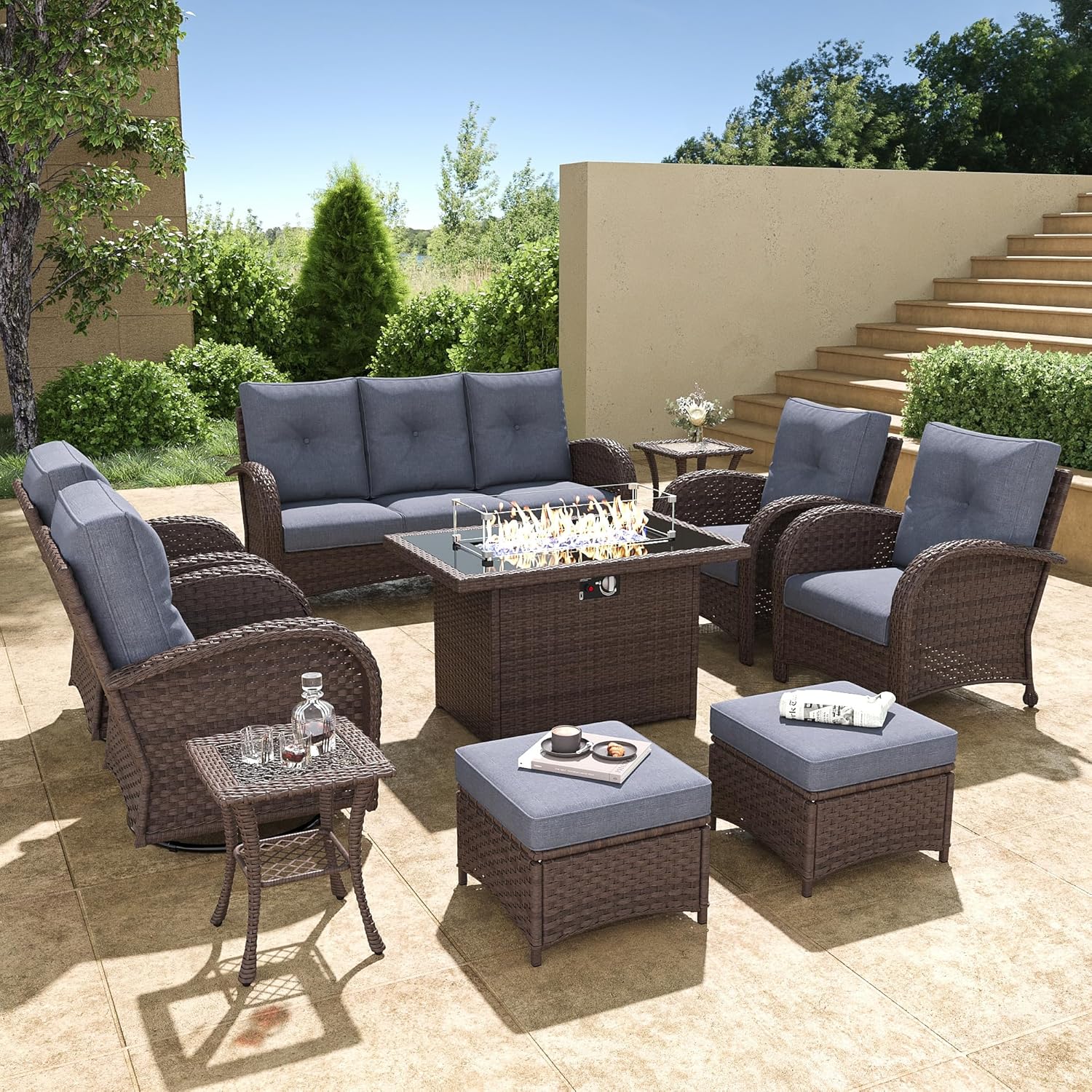 10 Pieces Wicker Patio Furniture Set with Fire Pit Table, Luxury Outdoor Conversation Set with High Back Swivel Rocker Chairs