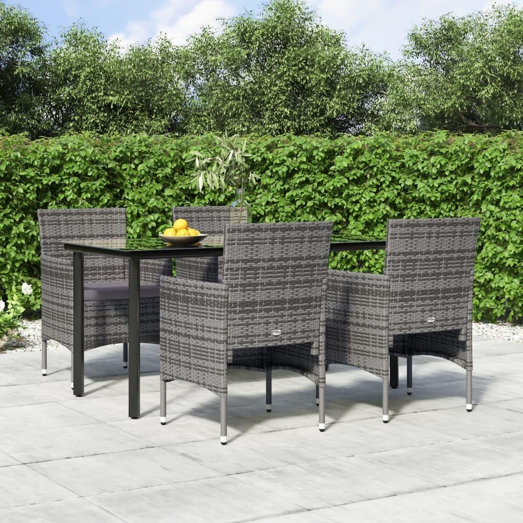 5-Piece Garden Dining Set, Grey Poly Rattan Outdoor Table and Chairs, Powder-Coated Steel Frame Patio Furniture for Balcony, Terrace