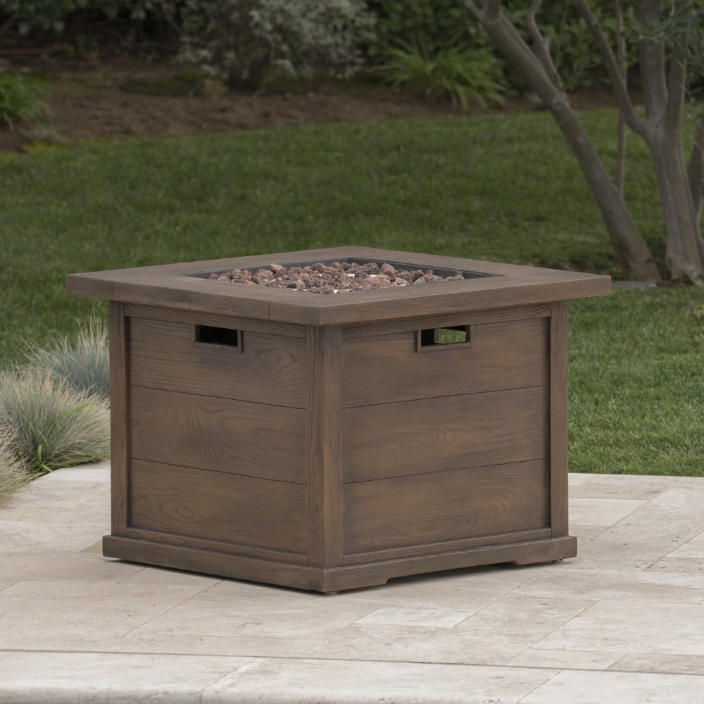 Stylish Square Outdoor Gas Fire Pit Table for Patio and Backyard Use with Built-in Propane Tank Storage and Rustic Wood-Finish Design