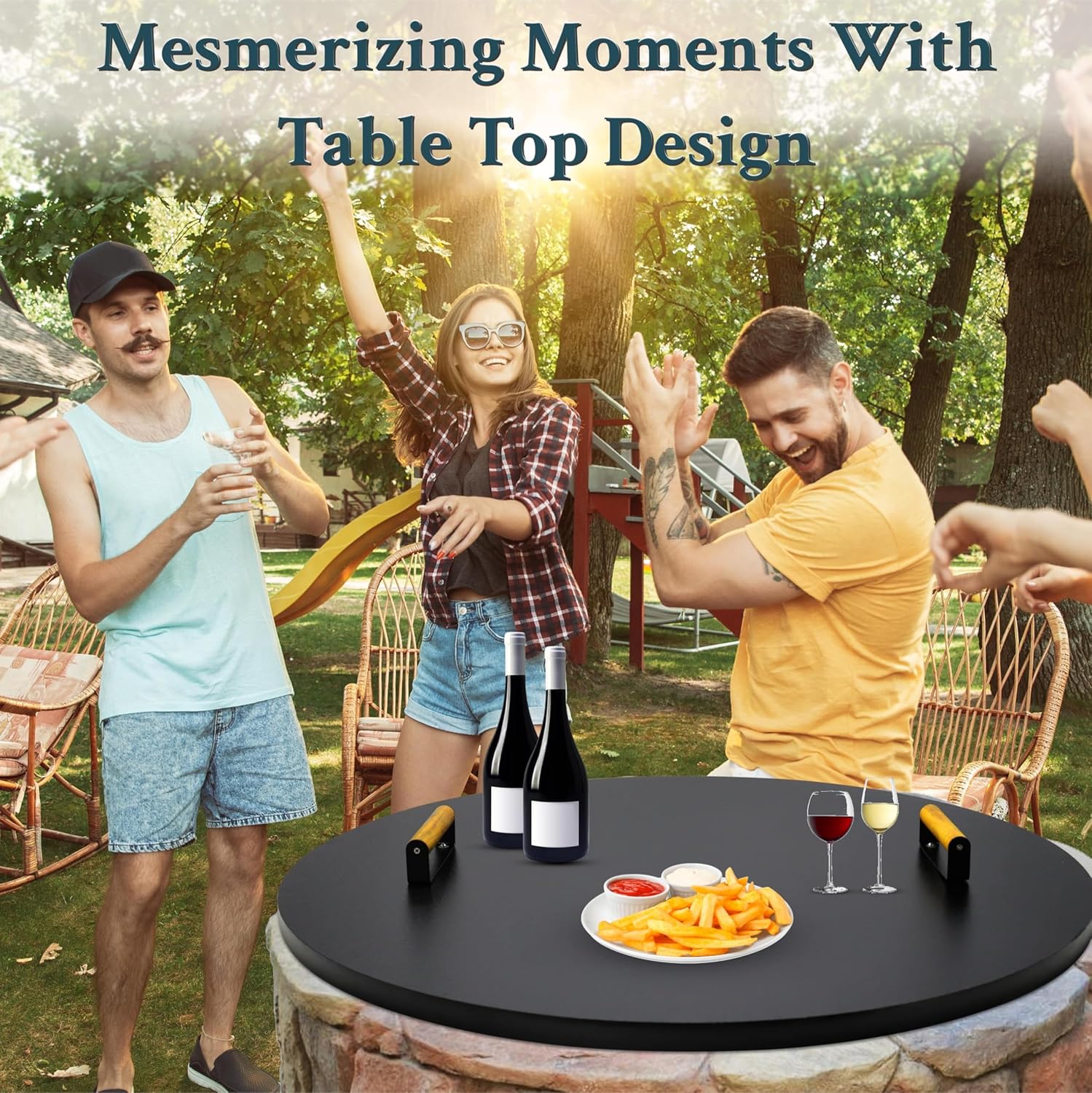 28” firepit lid round for inside up to 26” gas fire pit lid for Outdoor Fireplace Cover Lid Steel fire pit metal cover W/ 2 Wooden Handles & Powder Coated Snuffer Lid for Round Patio Fire Pit Ring