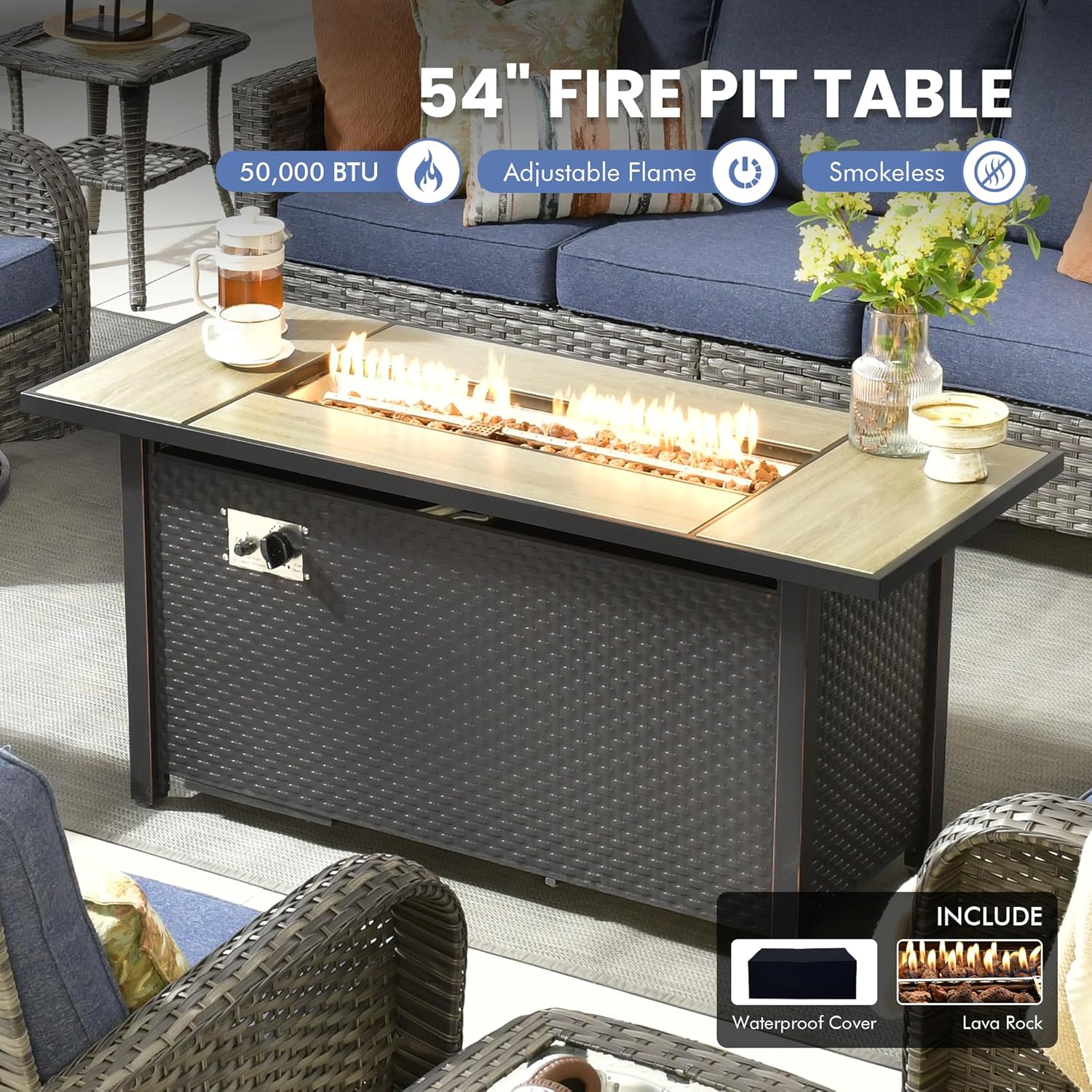 9 Pieces Patio Outdoor Furniture Set with Swivel Rocking Chairs & Fire Pit Table,Patio Seating Outside Sofa and Chairs Set Patio Conversation Set for Balcony Porch Deck Poolside Yard,Blue