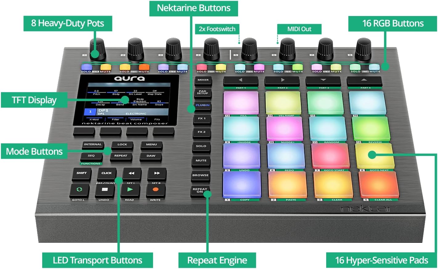 Nektar Aura - Beat Composer and DAW Controller, Metallic Grey, 16 Pads