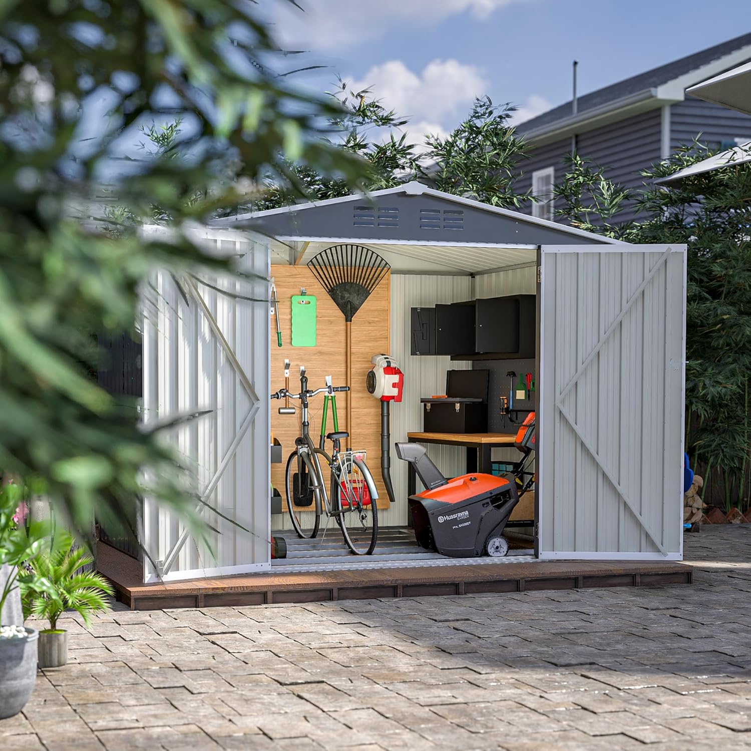 8 x 6 FT Outdoor Waterproof Garden Tool Storage Sheds with Metal Foundation and Floor Frame, Storage House with Lockable Hinged Doors & Air Vents for Backyard, Lawn, Gray