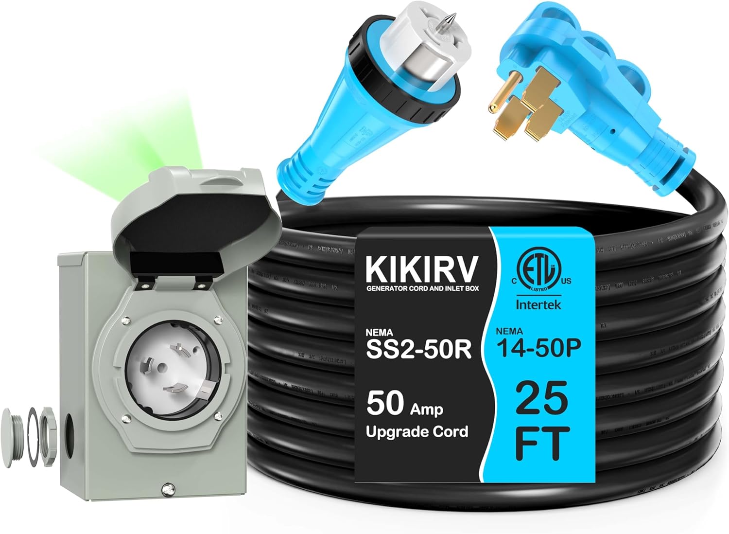 25 Feet 50 Amp Generator Cord and Power Inlet Box Combo Kit, Pure Copper Wire STW 6/3+8/1 AWG 125/250V, NEMA 14-50P to SS2-50R Twist Lock for Generator to House