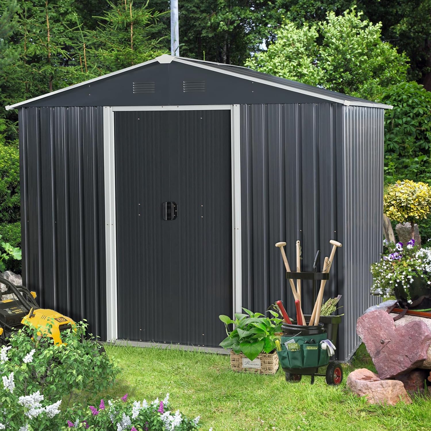 8X6 ft Outdoor Metal Storage Shed with Floor Floor, Lockable Galvanized Steel Tool Shed with Sliding Door and Air Vent, Waterproof Garden Storage House for Backyard, Patio