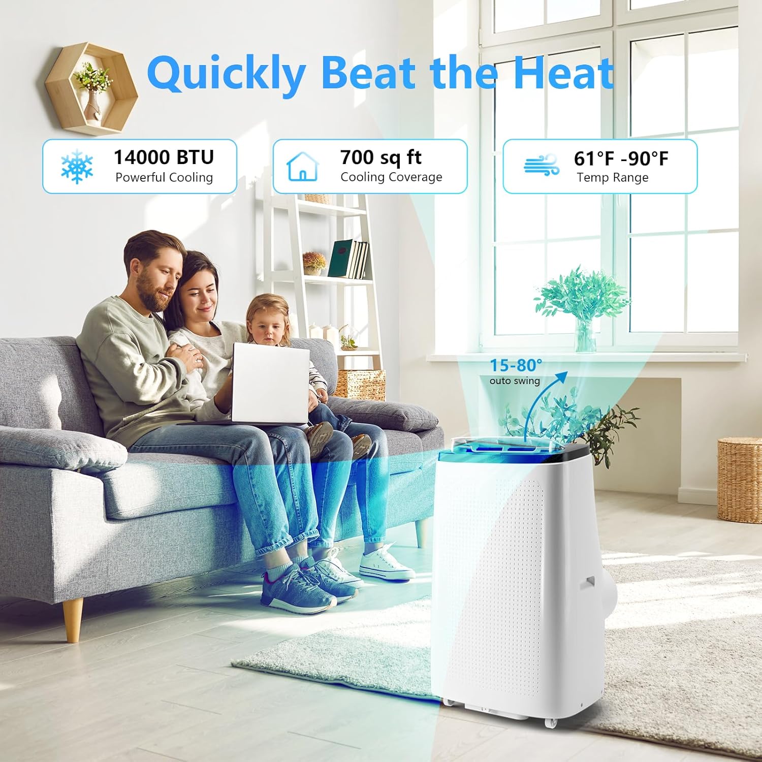 BLACK+WHITE 14000 BTU Portable Air Conditioner, 3-in-1 Portable AC with Fan & Dehumidifier, Quiet Sleep Mode 