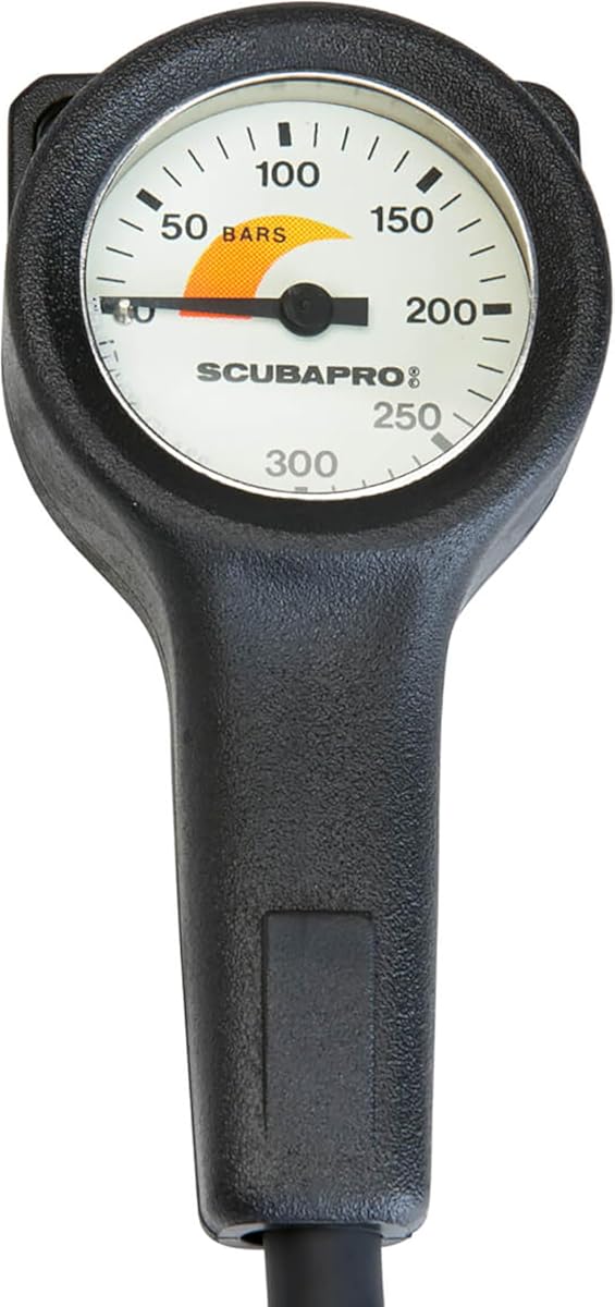 SCUBAPRO Scuba Diving Compact Pressure Gauge with Brass Metal Case, Metric Display, Includes Rubber Boot and HP Hose
