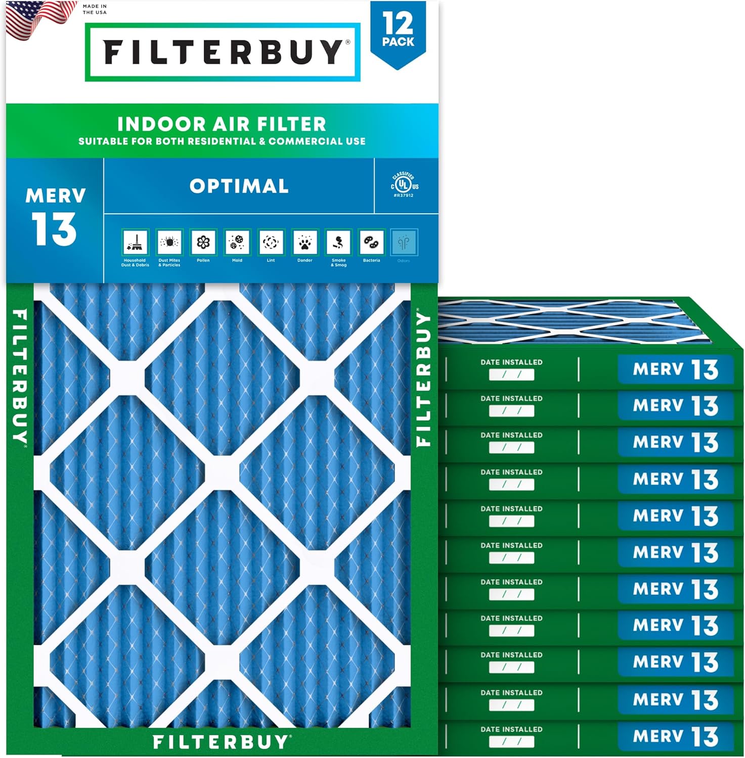 Filterbuy 11.5x29.5x1 Air Filter MERV 13 Optimal Smoke & Allergy Defense (12-Pack), Electrostatic Pleated HVAC AC Furnace Filters Replacement, Made in USA (Actual Size: 11.50 x 29.50 x 0.75)