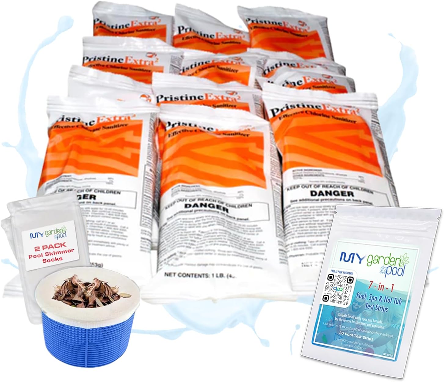 PristineExtra 12 lb Powerful Oxidizing Granules for Pools & Spas Multi Purpose Non Chlorine Shock for Clear Fresh Water Includes My Garden Pool 2 Scum Socks 7 in 1 Test Strip & Pool IQ Assistant