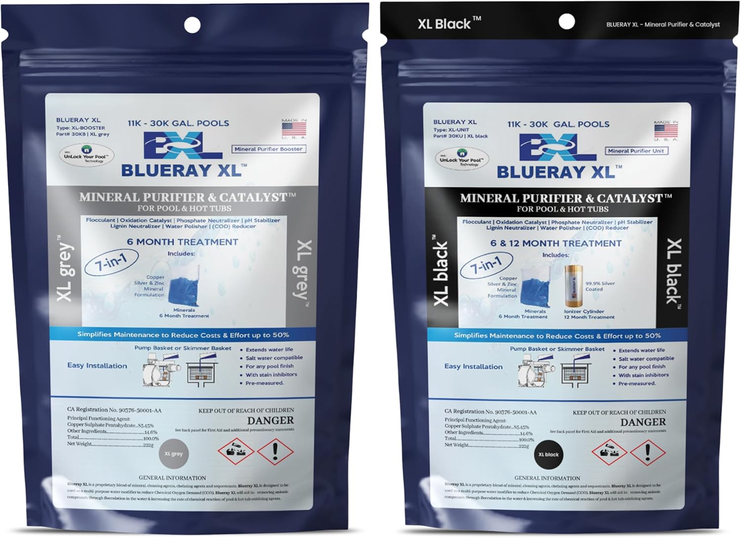 Mineral Purifier & Catalyst for Pools & Hot Tubs - 7 in 1 Pool Mineral System Unit for Pools - Copper, Silver & Zinc Pool Cleaner Bundle (XL Black & XL Grey)