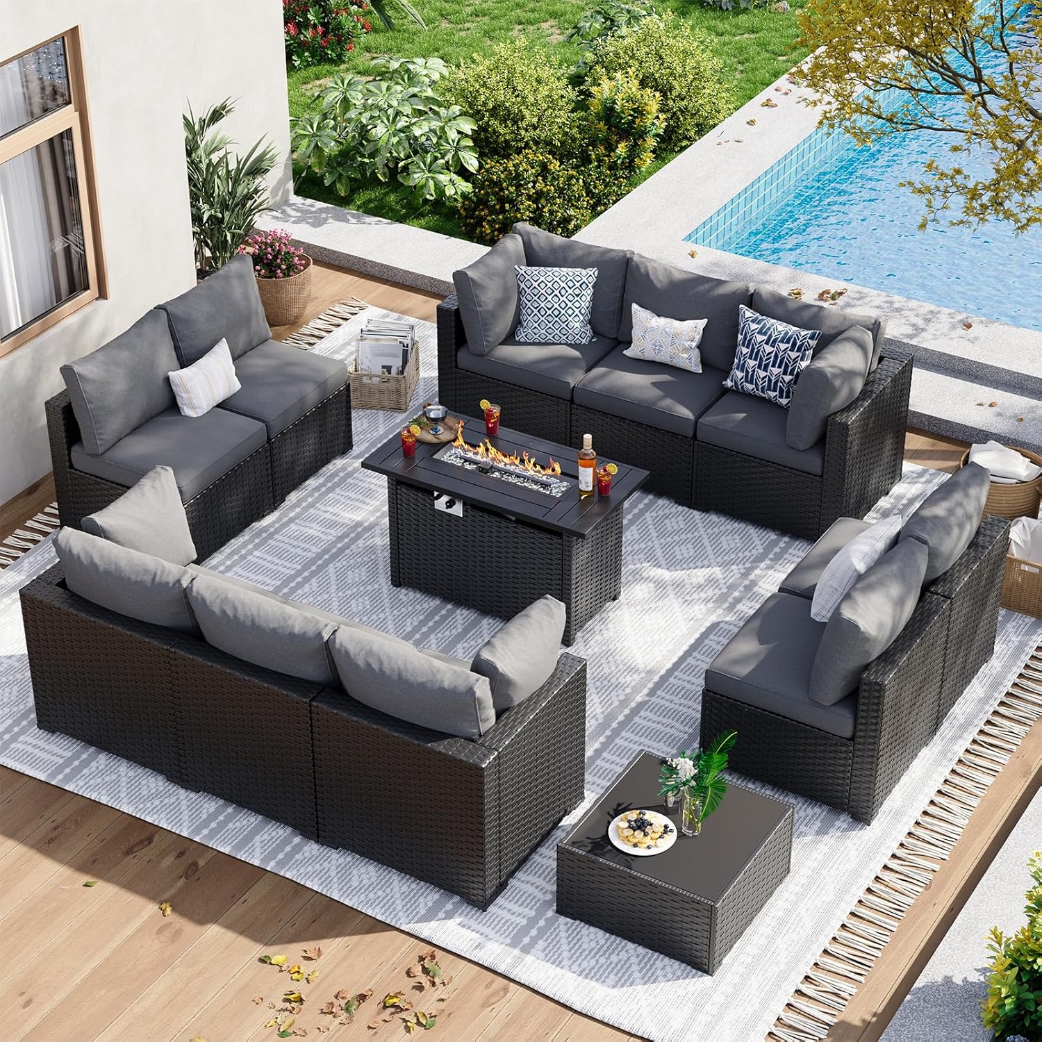 Aoxun 12 Piece Patio Furniture Set with 44” Fire Pit Table Wicker Rattan Patio Sectional Sofa Set Outdoor Seating Furniture with Thickened Cushion, Grey