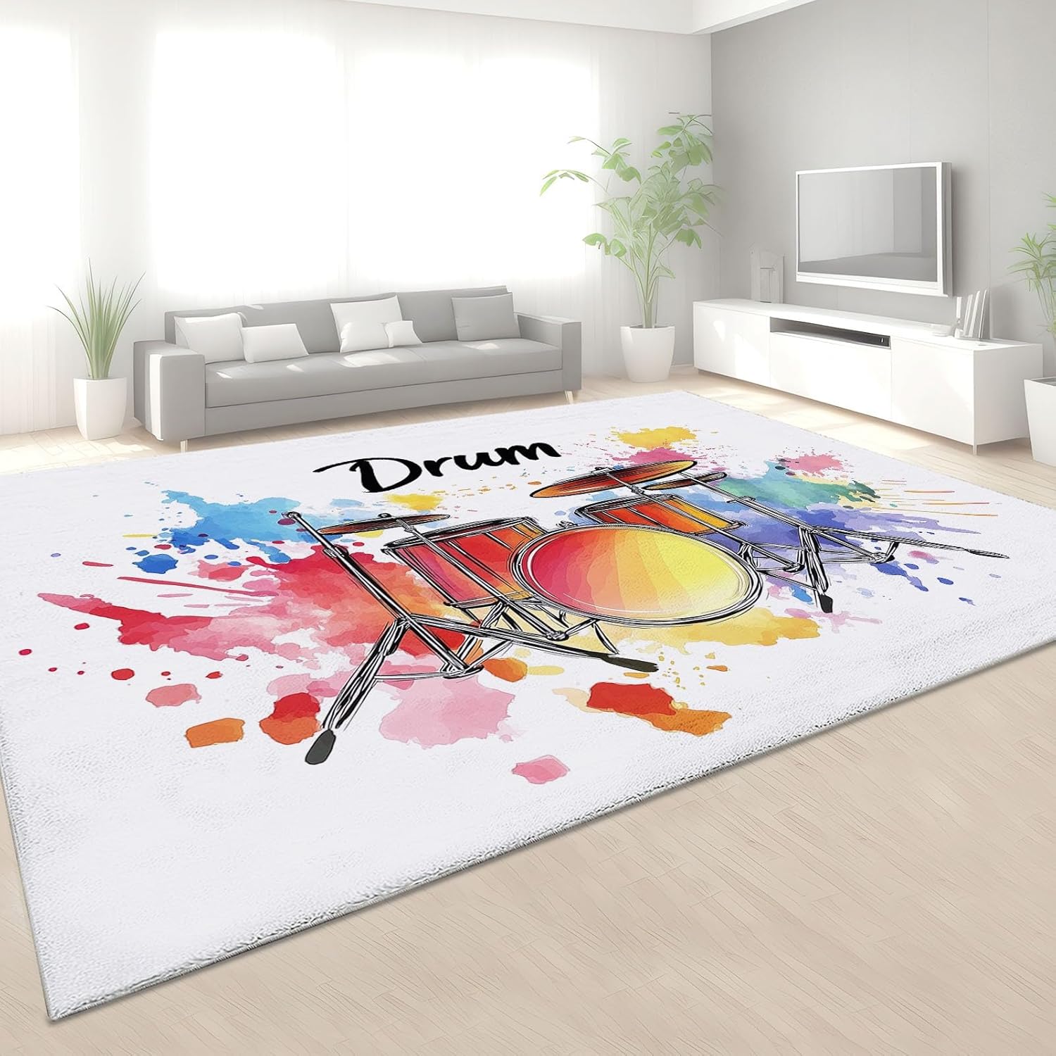 Music Instrument Drum Machine Washable Area Rugs for Living Room, 5 X 8 Ft Large Low Pile Carpet with Non-Slip Backing, for Bedroom Kids Nurser Office Entryway Dining Room, Graffiti