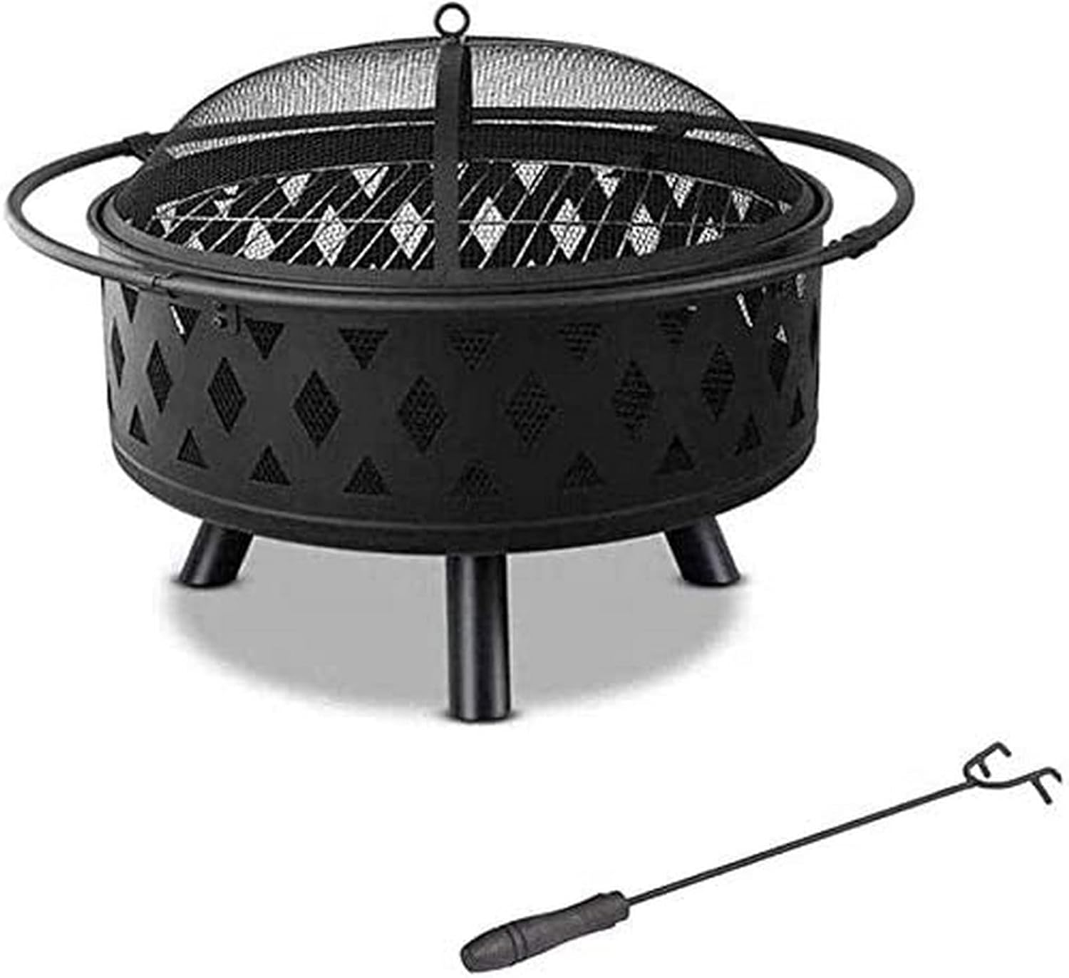 Garden Fire Pit Portable Grill Barbecue Rack Pits Fire Bowl with Handles,Removable Metal Fire Basket with Fire Fork, Patio Garden Multifunctional Fire Pit for Heating/BBQ for Camping