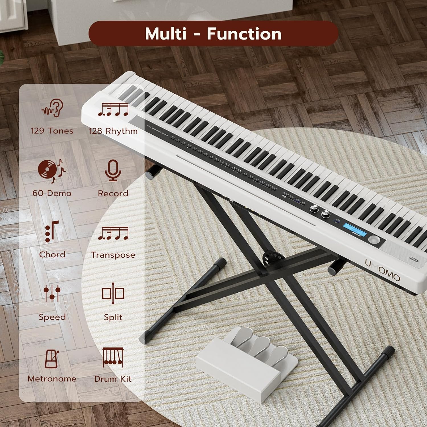 UMOMO UM-724 88 Key Digital Piano Keyboard with Piano X Stand, Full Size Electric Piano with Headphone, 3 Pedal, Electronic Piano for Beginner, Adults, White