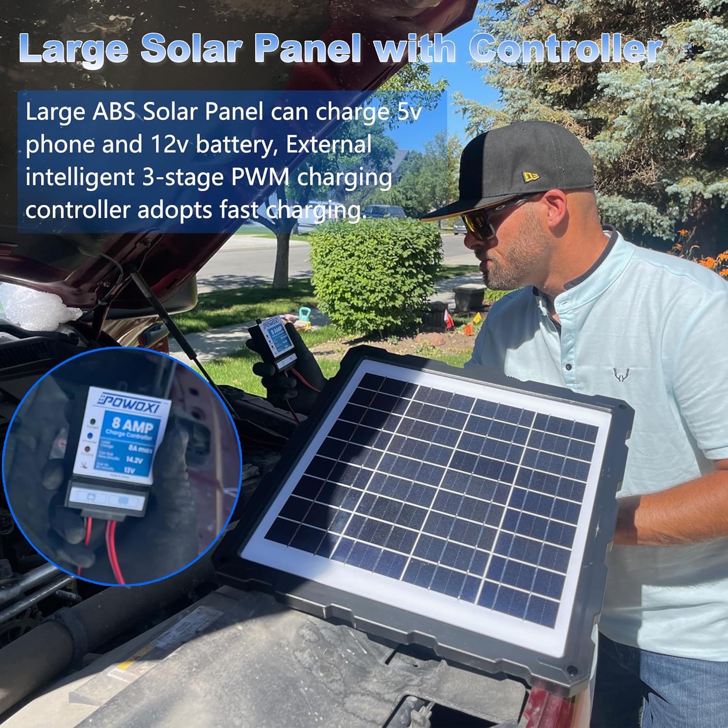POWOXI-Upgraded-20W-Solar-Battery-Charger-Maintainer, External Smart 3-Stages PWM Charge Controller, 12V Solar Panel Trickle Charging Kit for Car, Marine, Motorcycle, RV, etc