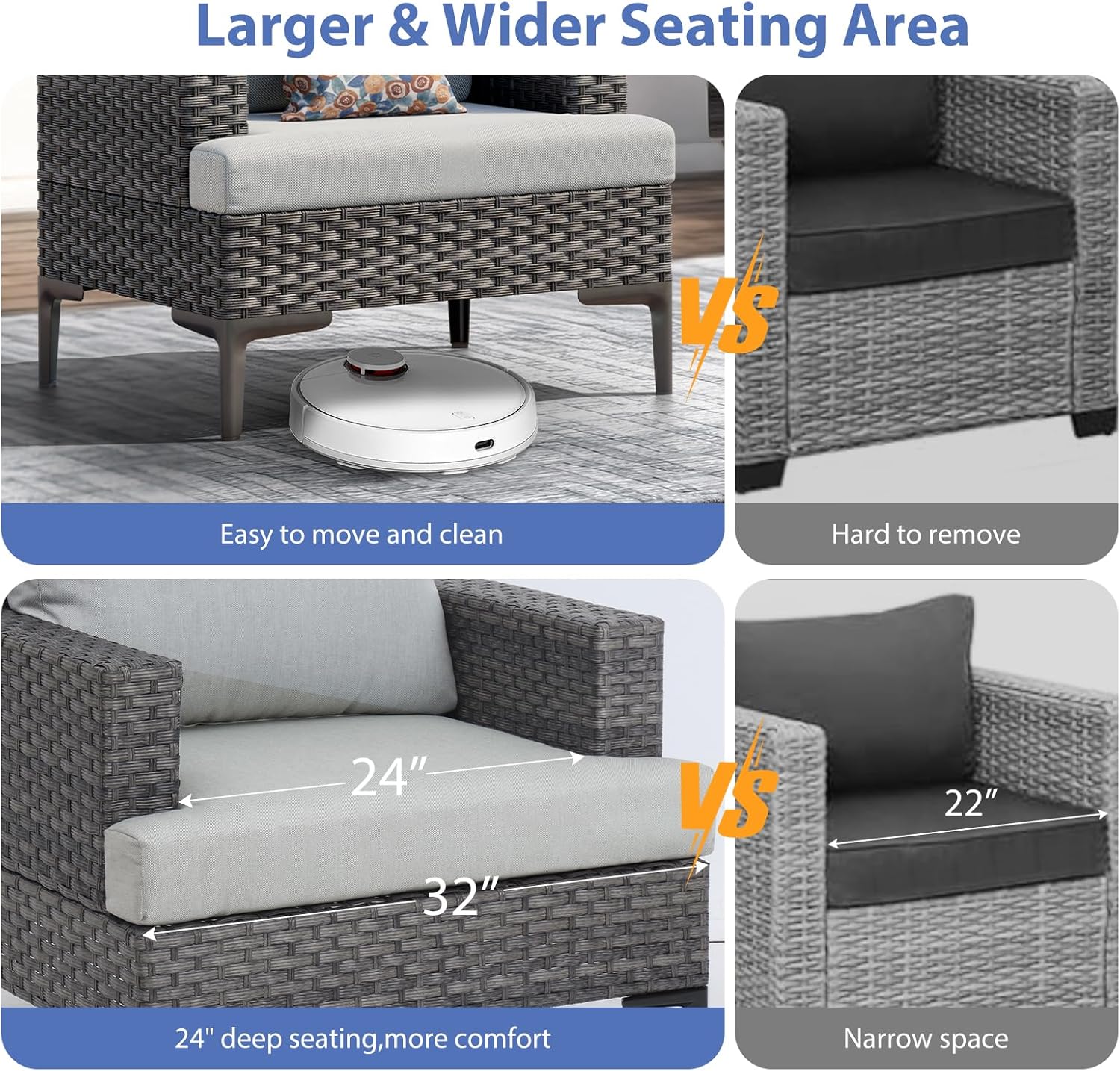 7 PCS Patio Furniture Set 60000BTU 44-Inch Outdoor Propane Fire Pit Table Wicker Outdoor Sectional Coversation Set, Thick Cushion & Deep Seat, Outdoor Furniture Sets for Porch,Backyard,Deck (Grey)