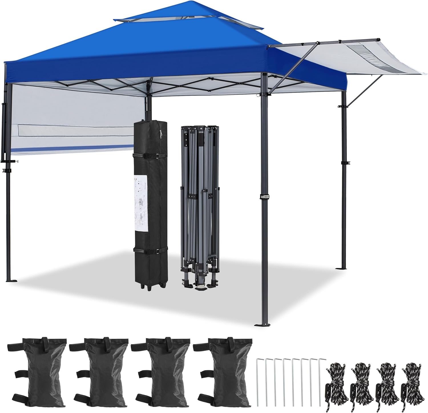 Yaheetech 10x17ft Pop Up Canopy with Awnings, Outdoor Canopy Tent, Heavy Duty Instant Beach Sun Shelter with Adjustable Dual Half Awnings & Wheeled Carry Bag, 4 Sandbags, One-Handed Set-up, Blue