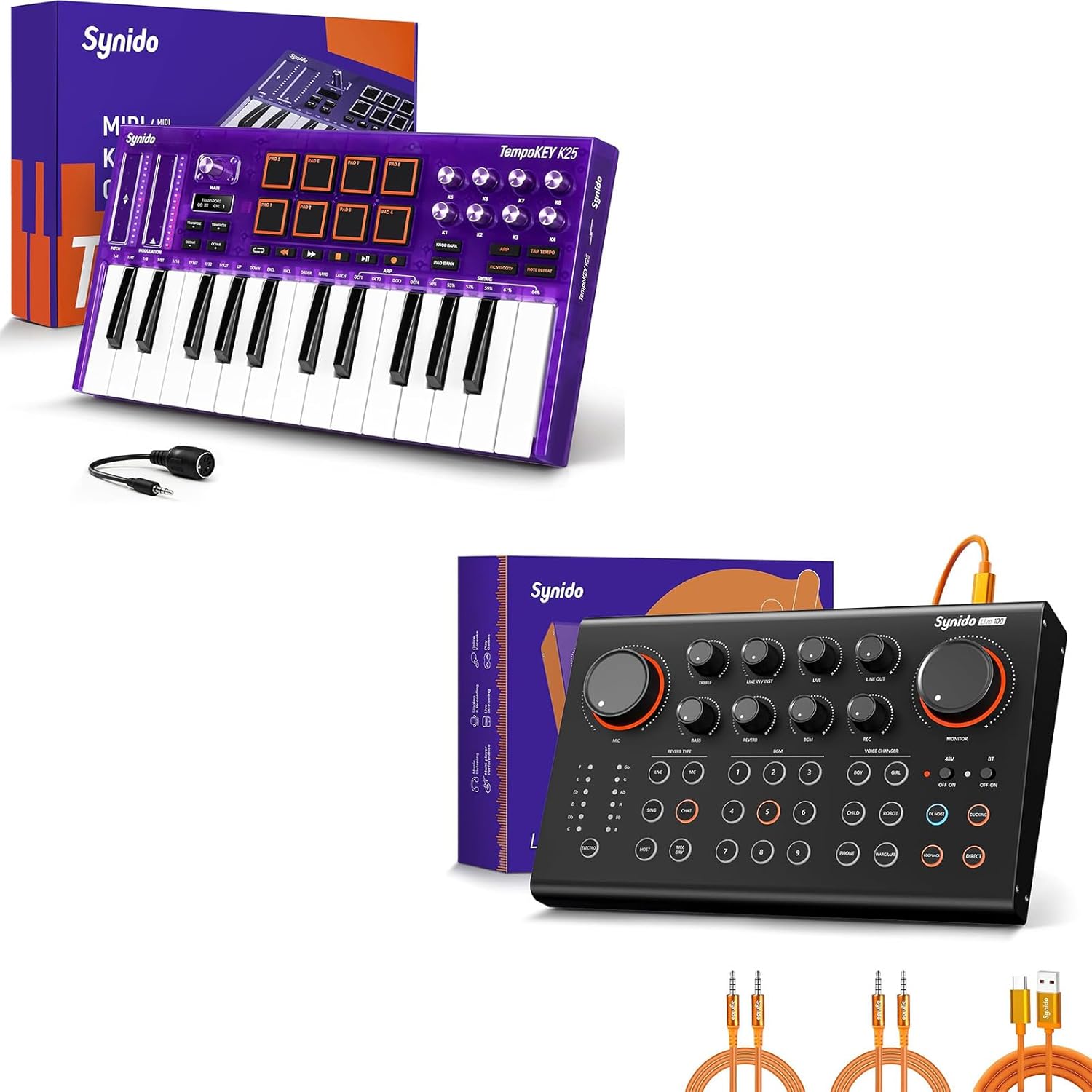 Podcast Equipment Sound Card, Audio Interface Mixer with Pro-preamp and USB C MIDI Keyboard Controller 25 Keys with 8 Backlit Drum Pads