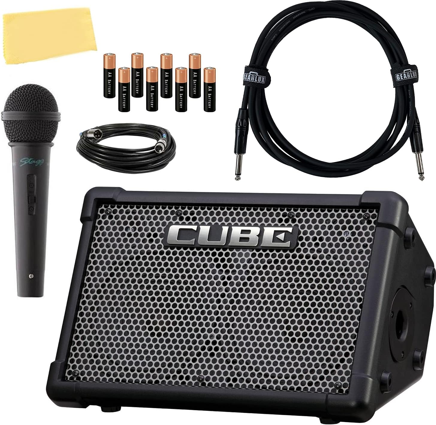 Roland Cube Street EX 4-Channel 50-Watt Battery-Powered Amplifier Bundle with Microphone, Instrument Cable, Batteries, and Austin Bazaar Polishing Cloth