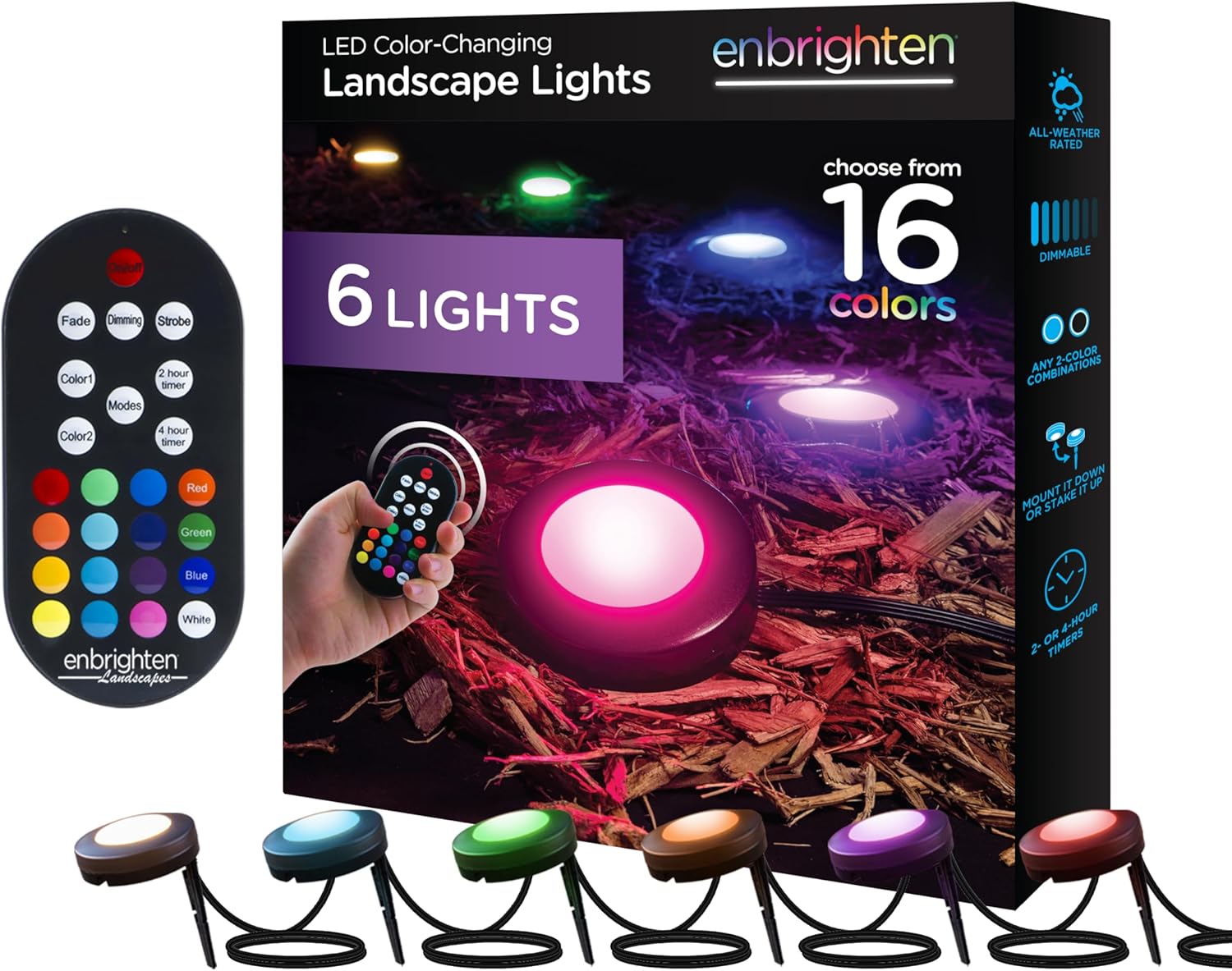 Enbrighten LED Ground Lights, 6 Path Lights, 40ft, Color Changing, Remote Control, Outdoor Path Lighting, Landscape Lighting for Yard, Garden, Patio, Walkway, 56067-S1