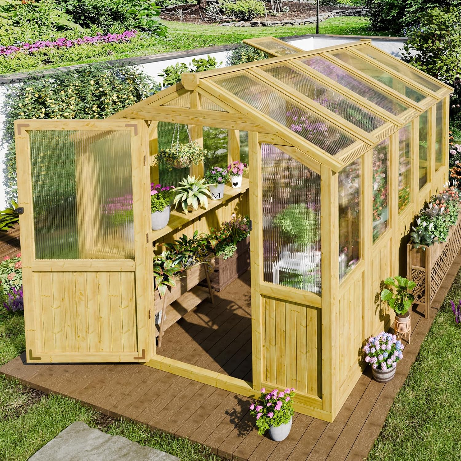 6x8 FT Wood Greenhouses for Outdoors Heavy Duty, Outdoor Greenhouse Kit with Adjustable Roof Vent and Reinforced Panels, Walk in Polycarbonate Greenhouse for Outside Backyard Garden Yard, Natural