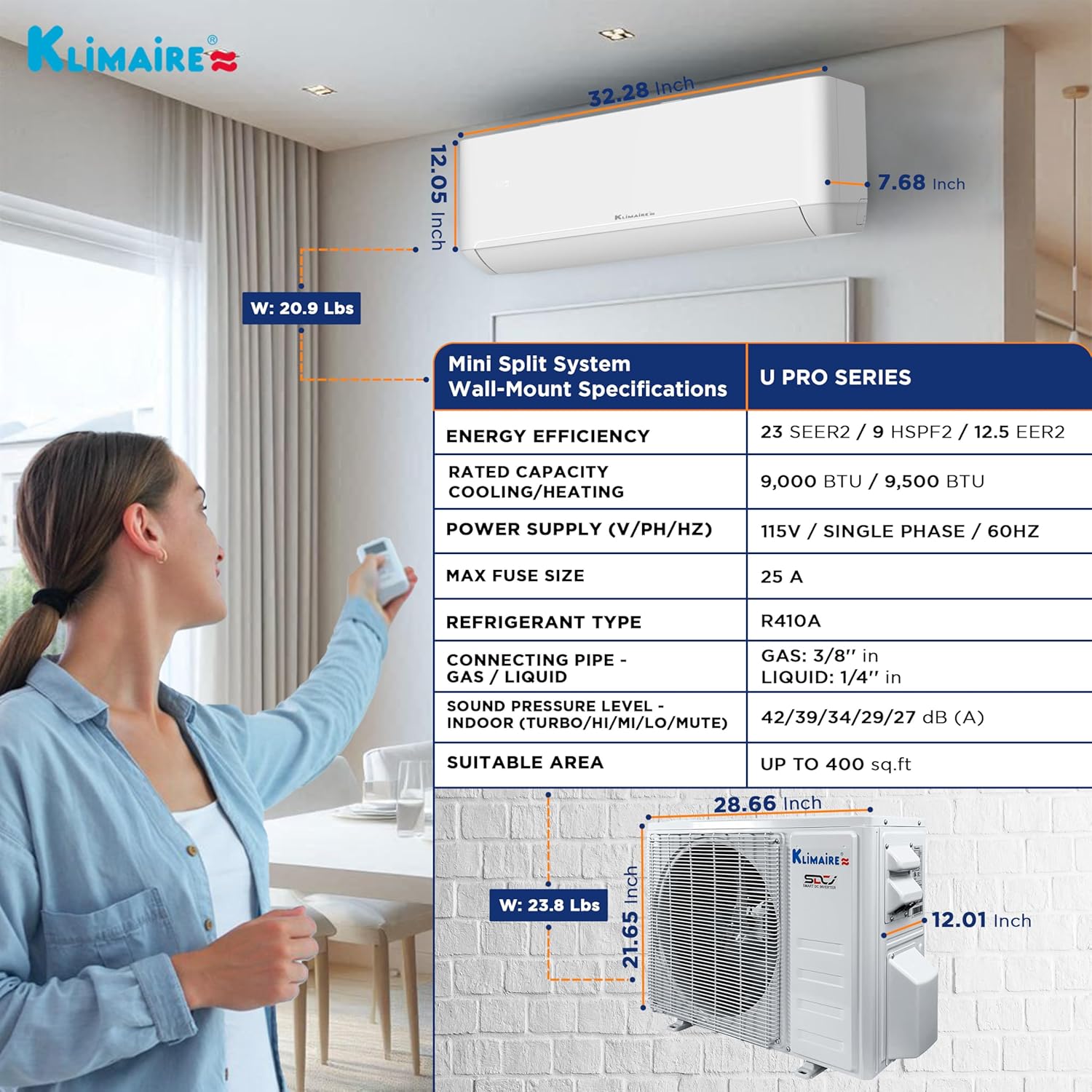 Klimaire 9,000 BTU 23 SEER2 Wall Mounted Ductless Mini Split Inverter A/C Heat Pump System w/ 16’ Installation Kit & Wall Mounting Bracket 115V