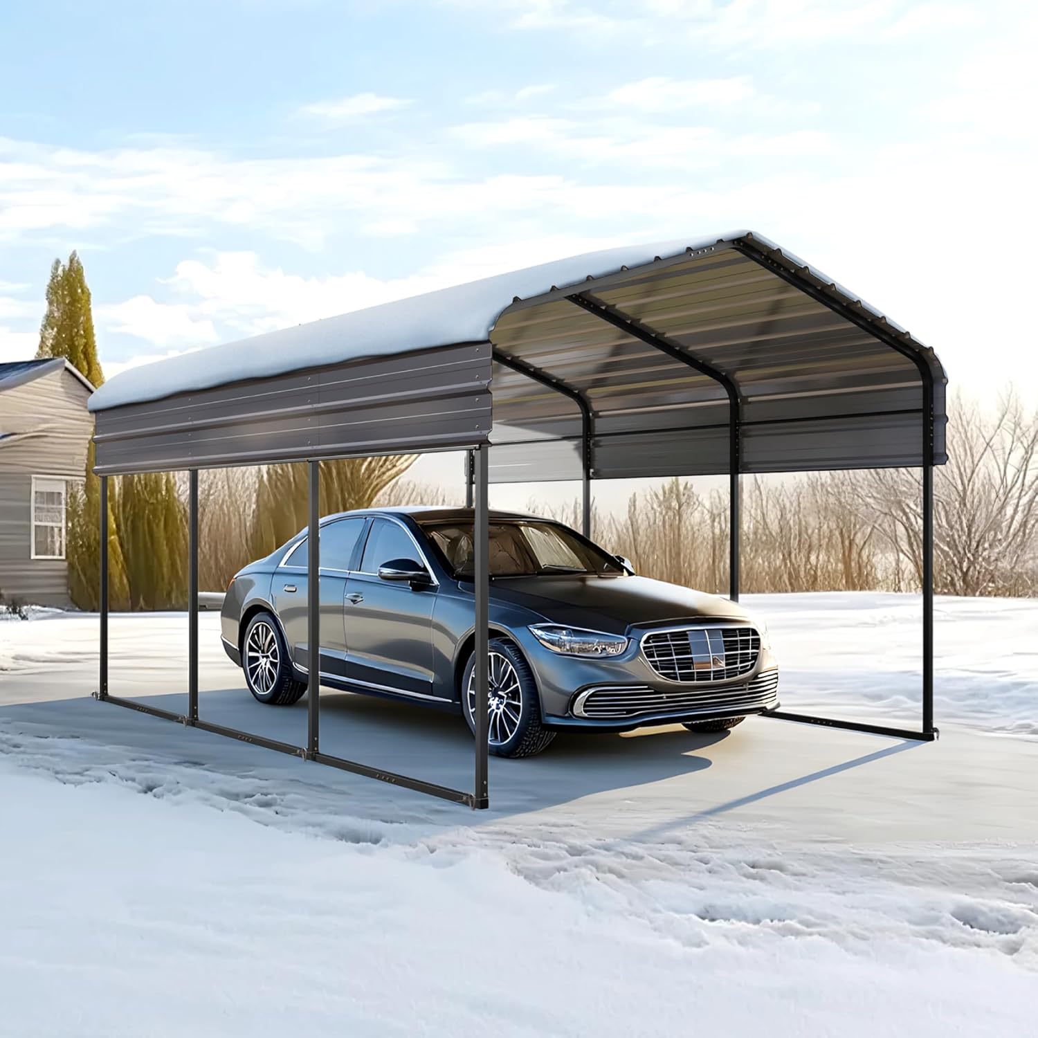 Sophia & William Carport Car Port Metal Canopy 10x15 ft Heavy Duty for Snow, Portable Garage Kit Shed Tent Shelter Metal Frame All Weather Outdoor for Boat with Anti-Leak Seam Taped, Dark Grey