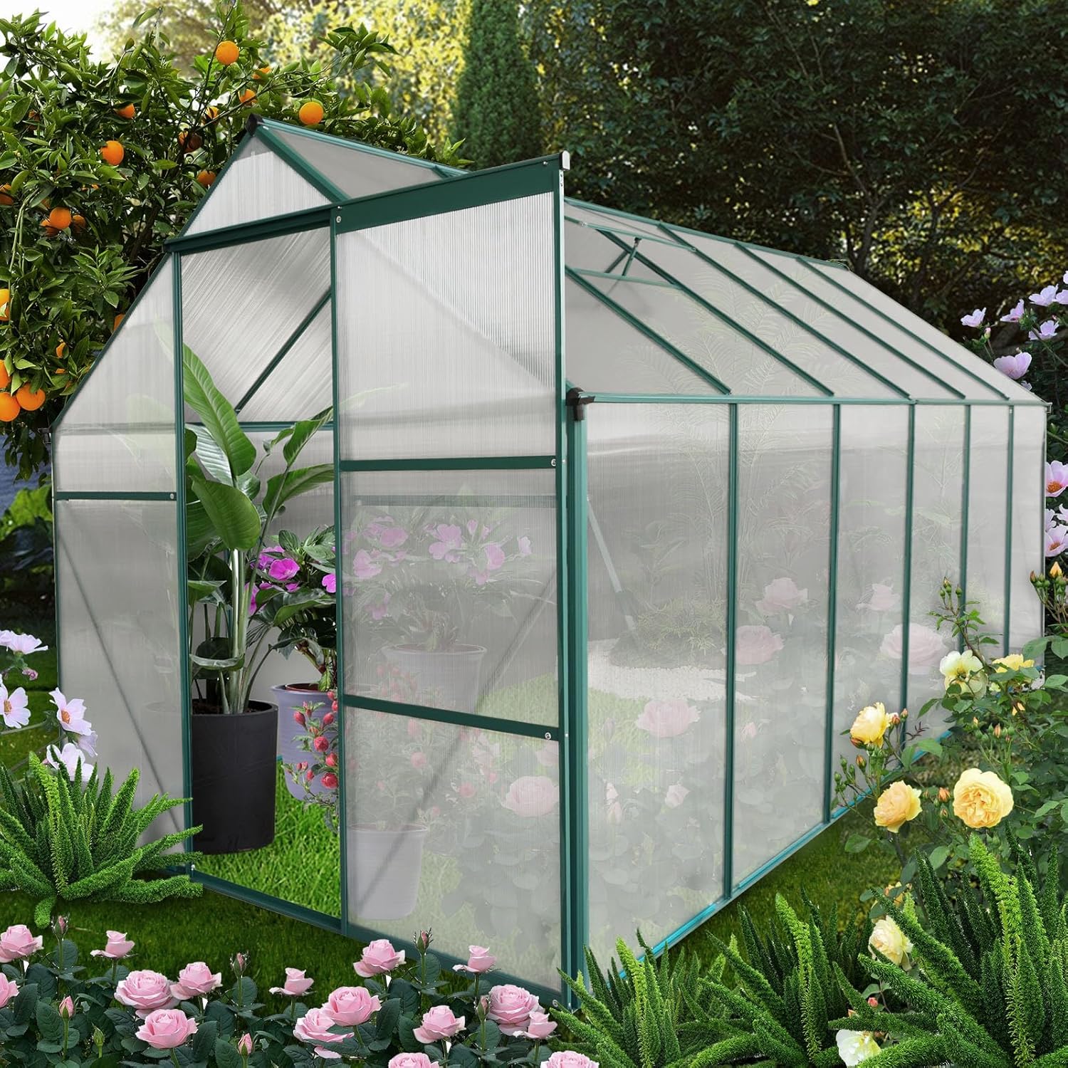 KEIKI 6x12 FT Polycarbonate Greenhouse with Aluminum Frame,Raised Base and Roof Vent,Walk-in Greenhouses for Patio Garden Backyard