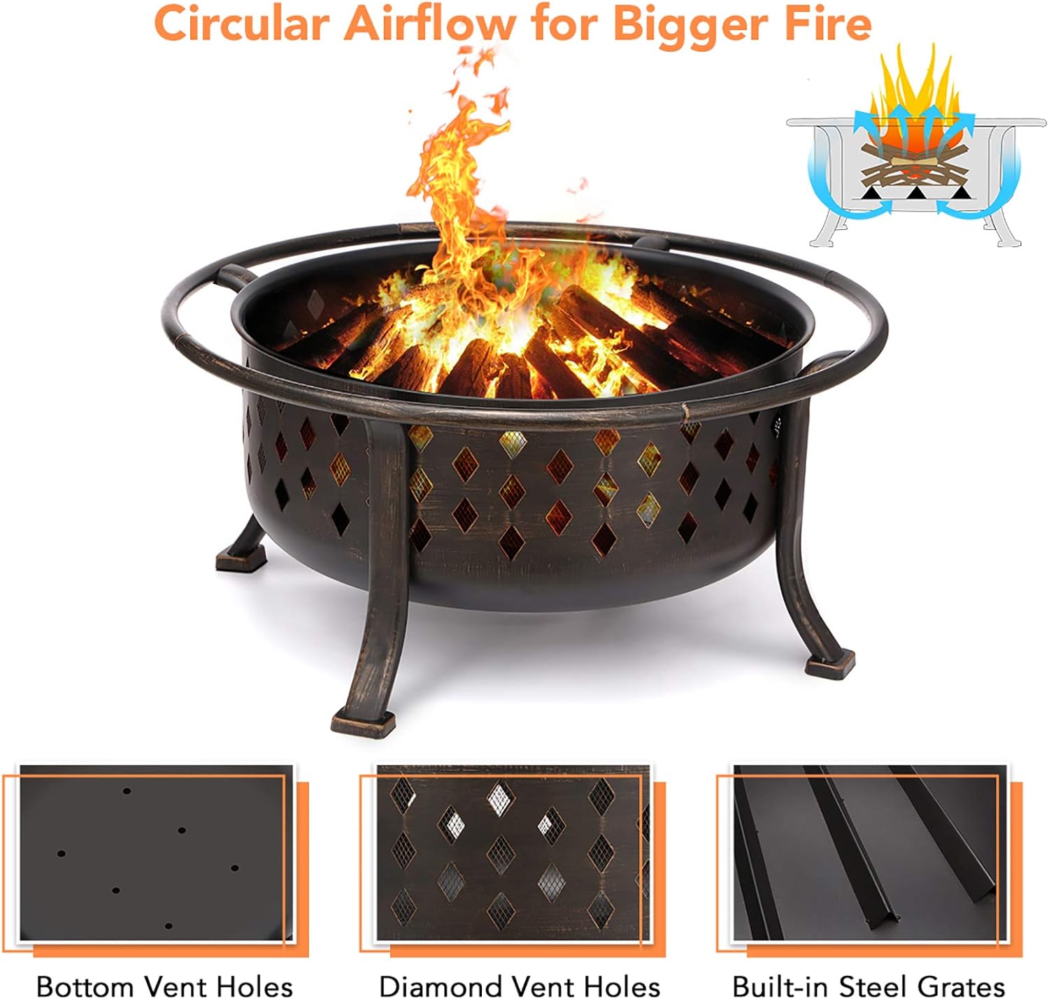 36 Inch Fire Pits for Outside Outdoor Wood Burning Firepit with BBQ Grate Large Heavy Duty Steel Firepit Bowl Bonfire Pit for Patio Backyard Garden Camping