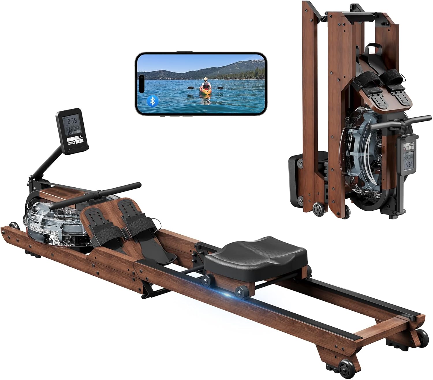 Dripex Rowing Machines for Home Foldable, Water Rowing Machine Max 350 LBS, Water Rower with Smooth Slide Rail, Comfortable Seat, Bluetooth App Supported, LCD Monitor, Wooden Row Machine for Home Gym