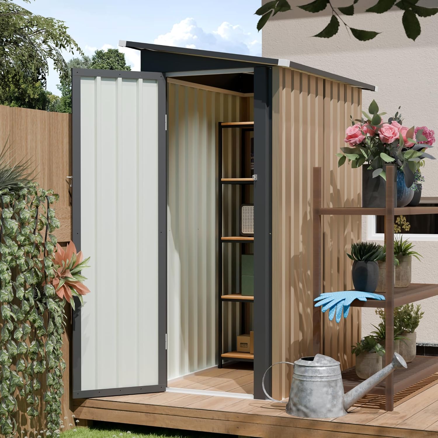 4 * 2 FT Metal Garden Storage Sheds for Patio Backyard Tools House Storage Waterproof Garden Tool Storage Sheds (Side-Opening Door)