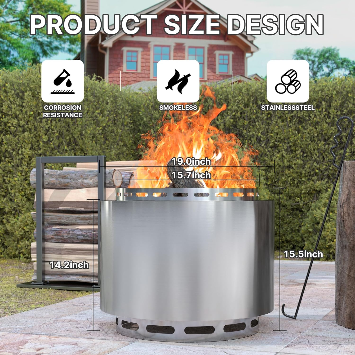 19 Inch Smokeless Firepit Outdoor with Fire Hook, Wood Burning Portable Fire Pit Stainless Steel for Backyard Patio Garden Picnic Camping (Silver)