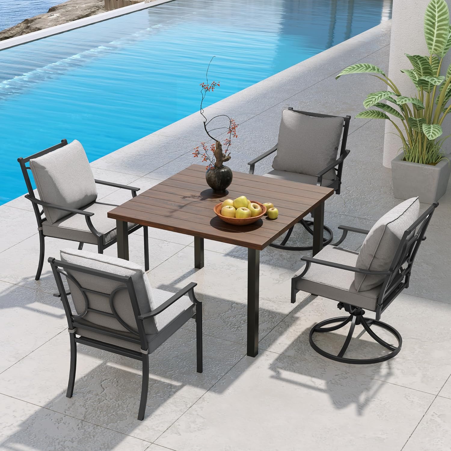 Grand patio 5-Piece Patio Dining Set for 4, E-Coated Outdoor Dining Set 2 PCS Fixed & 2 PCS Swivel Patio Dining Chairs with Olefin Cushions & 1 Brown Square Dining Table with 1.5”Market Umbrella Hole