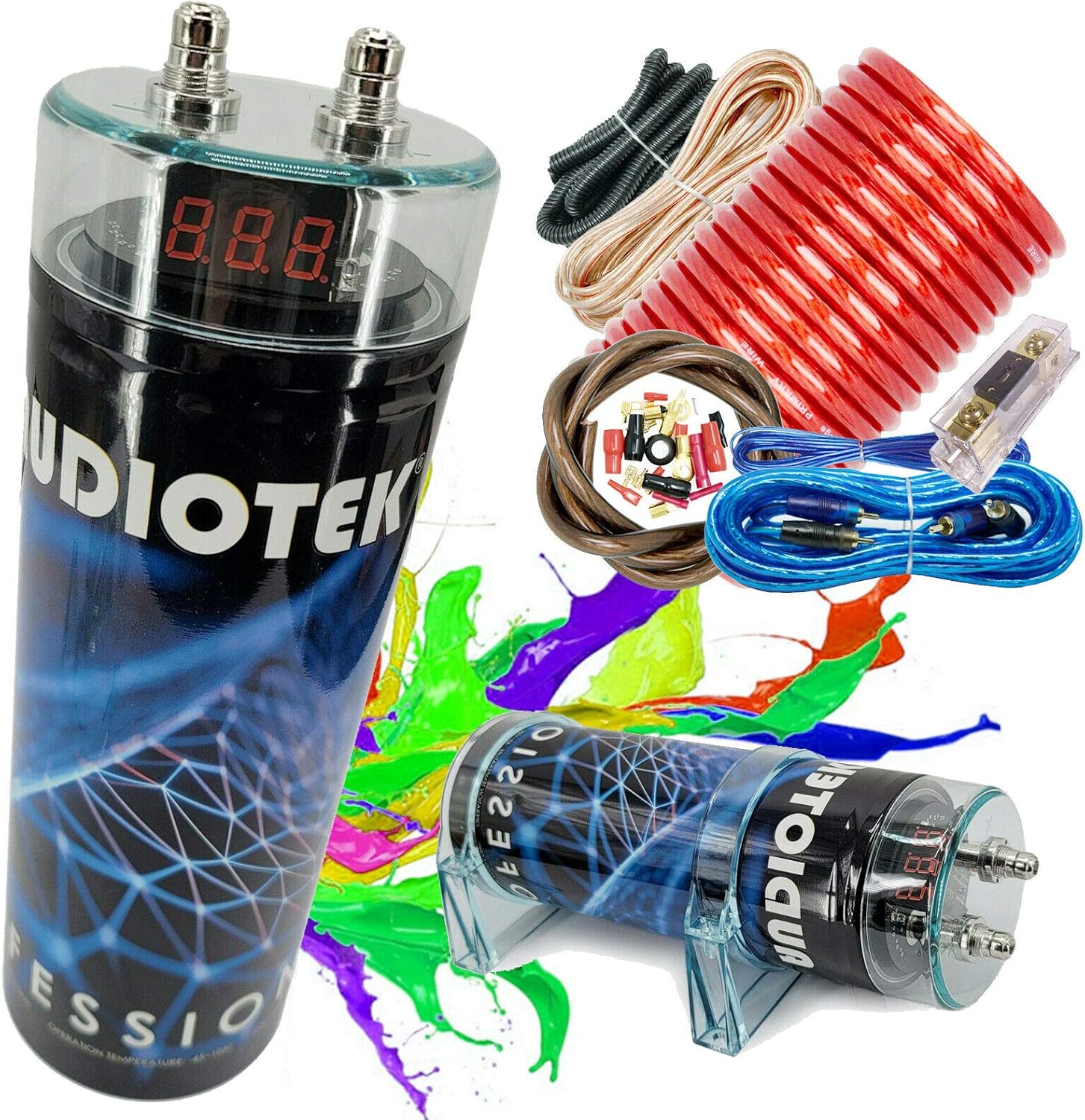 Audiotek at-5.0 Farad Capacitor Car Audio 5000 Watts Power 12V Car Digital Power and Audiotek AT-BCC4AR Installer 4 Gauge Complete Amplifier Installation Wiring Kit Red