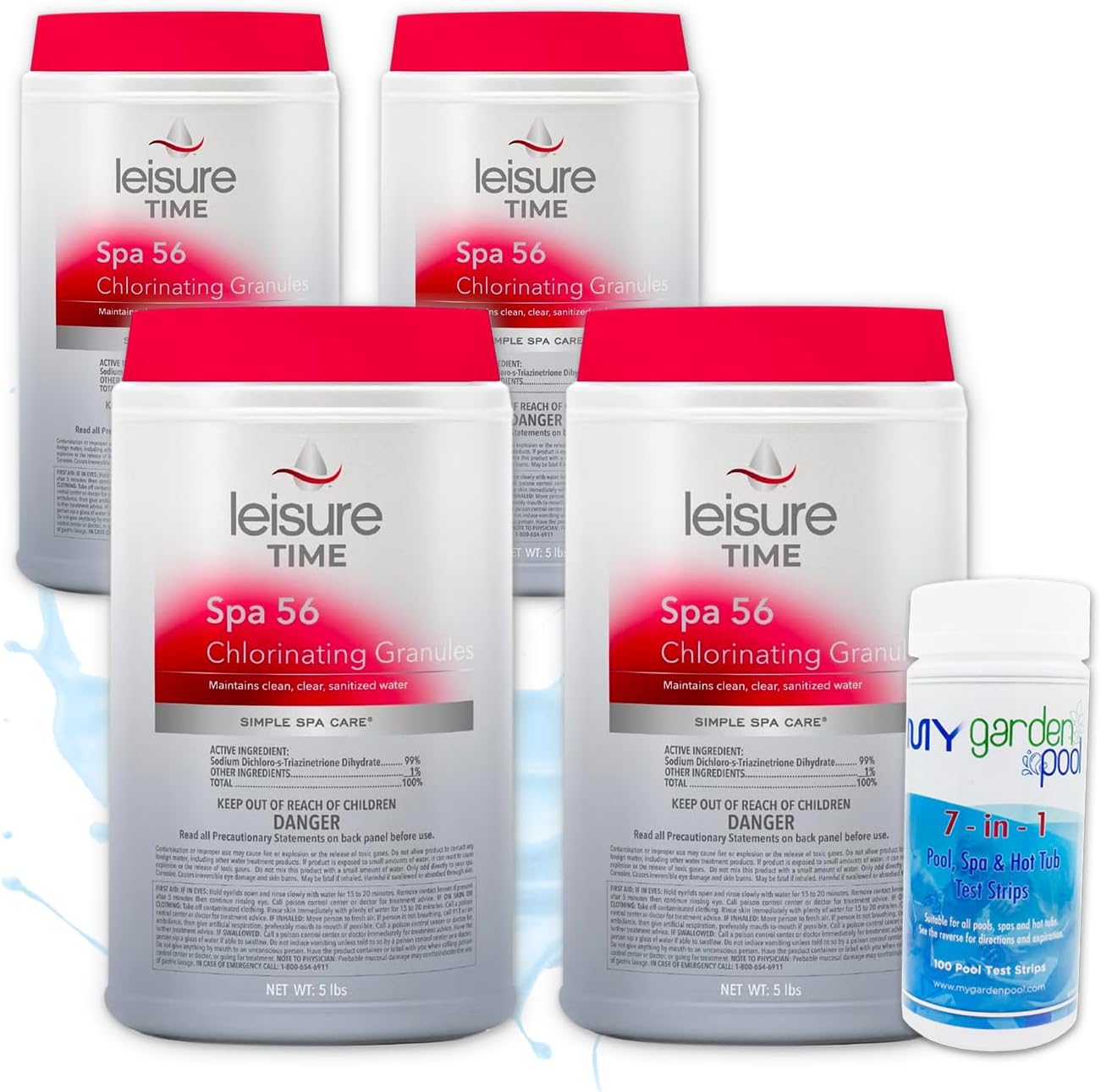 Leisure Time E5 Spa 56 Chlorinating Granules for Spas and Hot Tubs, 5-Pounds (Four Pack, 4 x 5 Lbs) with My Garden Pool 20 Ct. Test Strips - Take Care of Your Spa/Pool, Test First Use Later