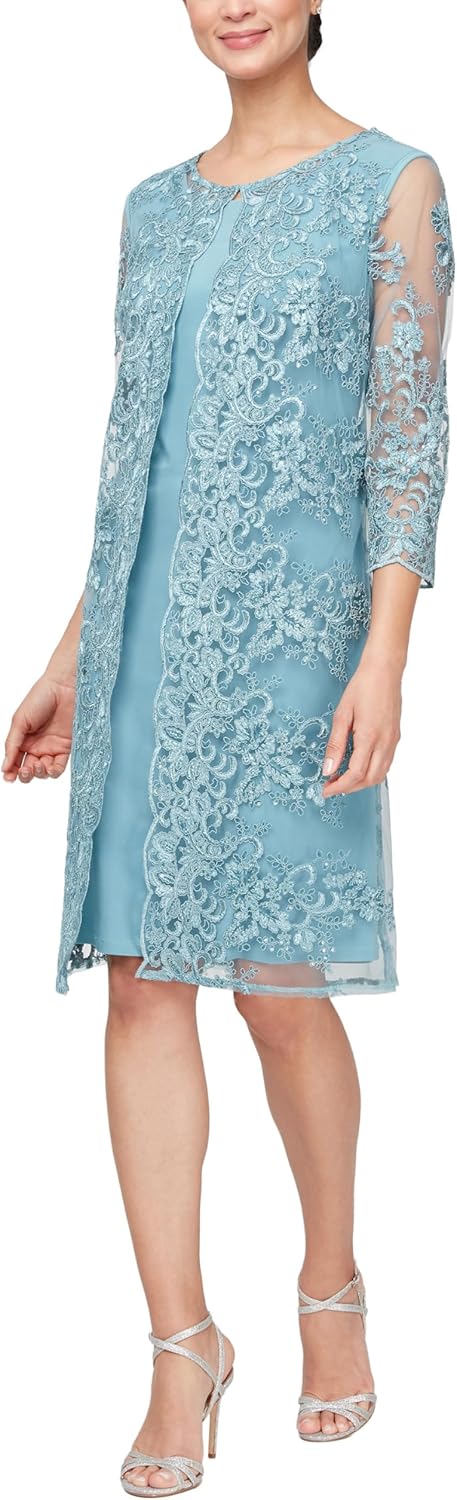 Alex Evenings Women's Short Embroidered Jacket Dress, Perfect for Wedding Guest, Formal Events (Petite and Regular Sizes), Vintage Teal, 10P