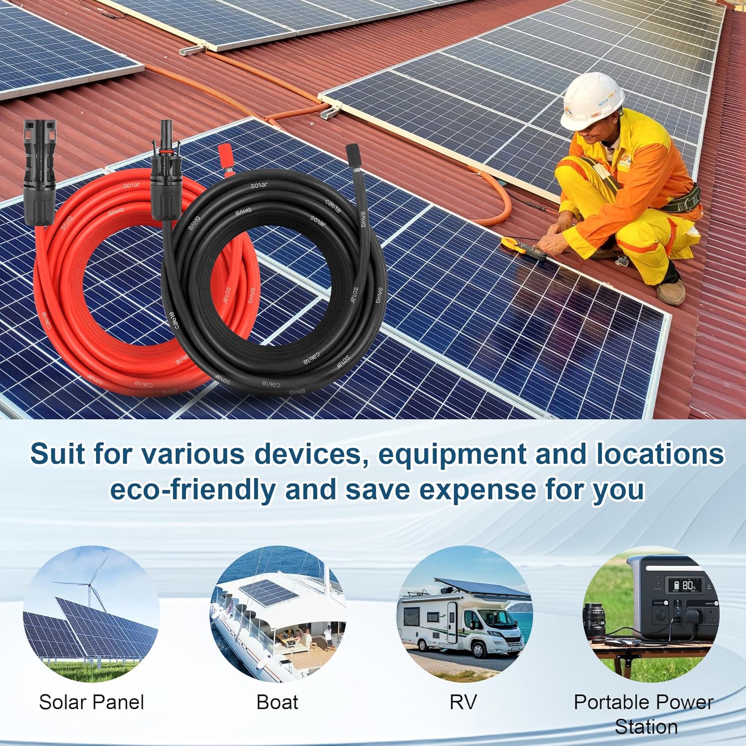 35 FEET 8AWG Solar Panel Extension Cable,8 Gauge Extension Cord, Solar Panel Wire with Extra Fair of Female and Male Quick Connectors Solar Adapter for RV, Off-Grid Systems (35FT Red + 35FT Black)
