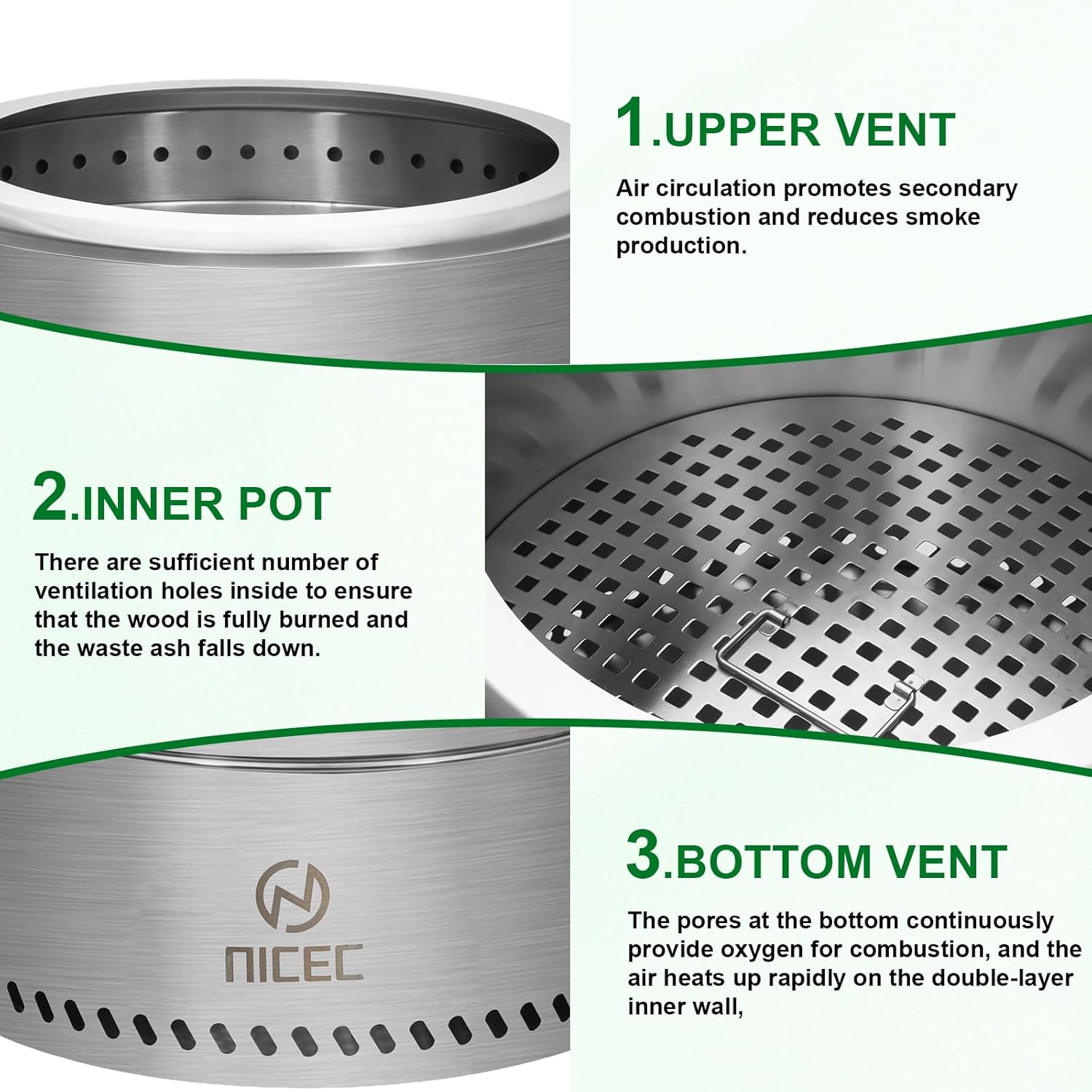 Nice C Fire Pits, 19.1 Inch Smokeless Fire Pits, Portable Fire Pit, Outdoor Fire Pit, Tabletop Fire Pit, Wood Buring Fireplaces, Stainless Steel, with Grill Grate, Removable Ash Tray & Carry Bag