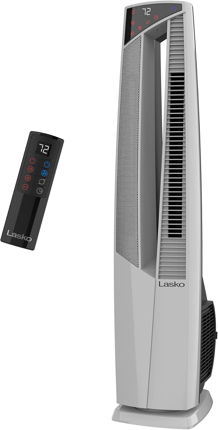 Lasko Oscillating Hybrid Fan and Space Heater for Home, All Season High Velocity Hybrid with Tip-Over Switch, Remote Control, Timer and Thermostat, 37.5 Inches, White, 1500W, FHV820
