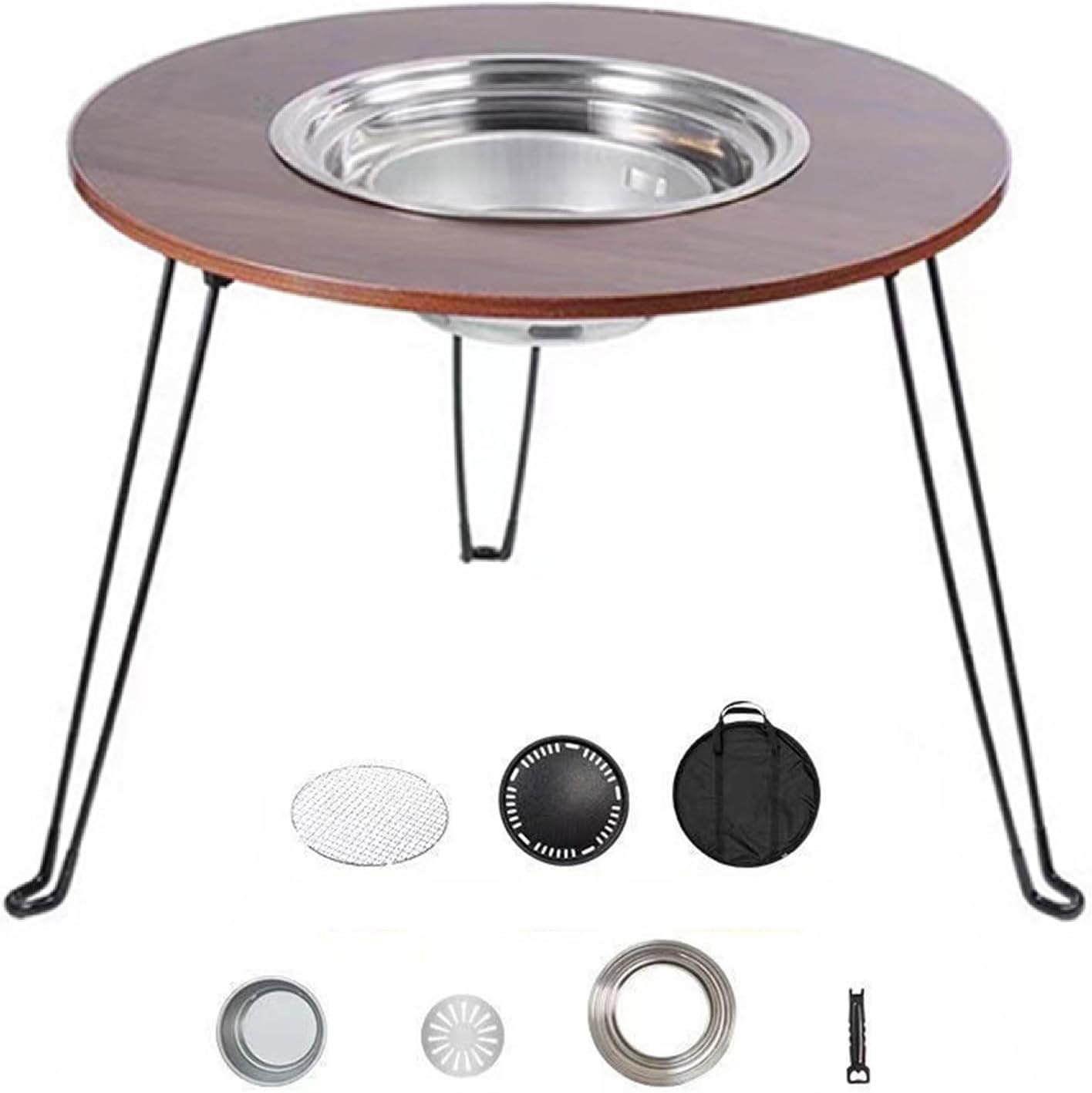 Small Outdoor Fire Pit Folding Table, Portable Fire Pit Wood Burning with Round Wood Tabletop, Lightweight Firepits for Outside Bonfire and Picnic