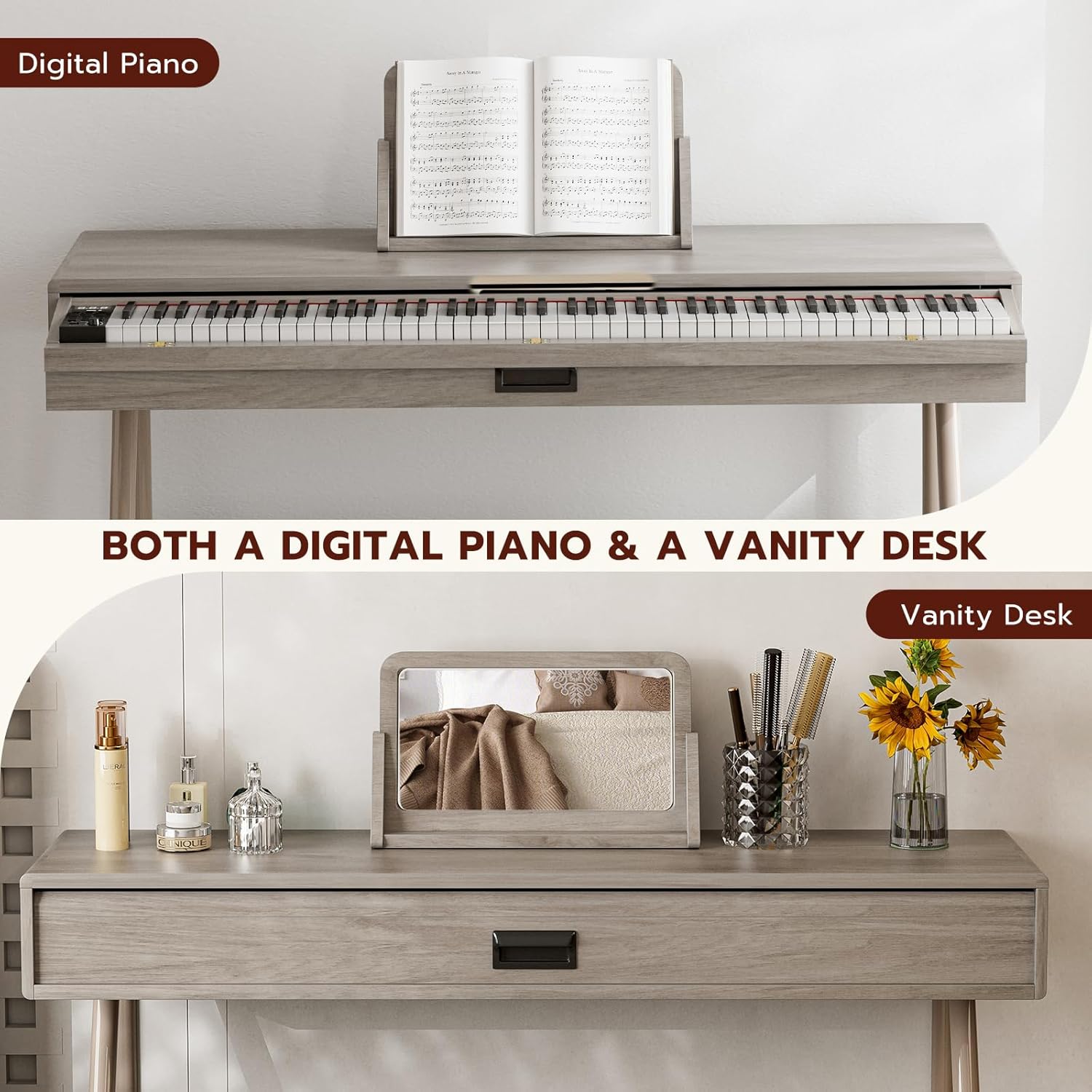 UMOMO 88 Key Weighted Digital Piano, Both Desk & Vanity Desk Piano, 88 Key Progressive Hammer-action Keyboard Piano for Beginners with MIDI, Gray