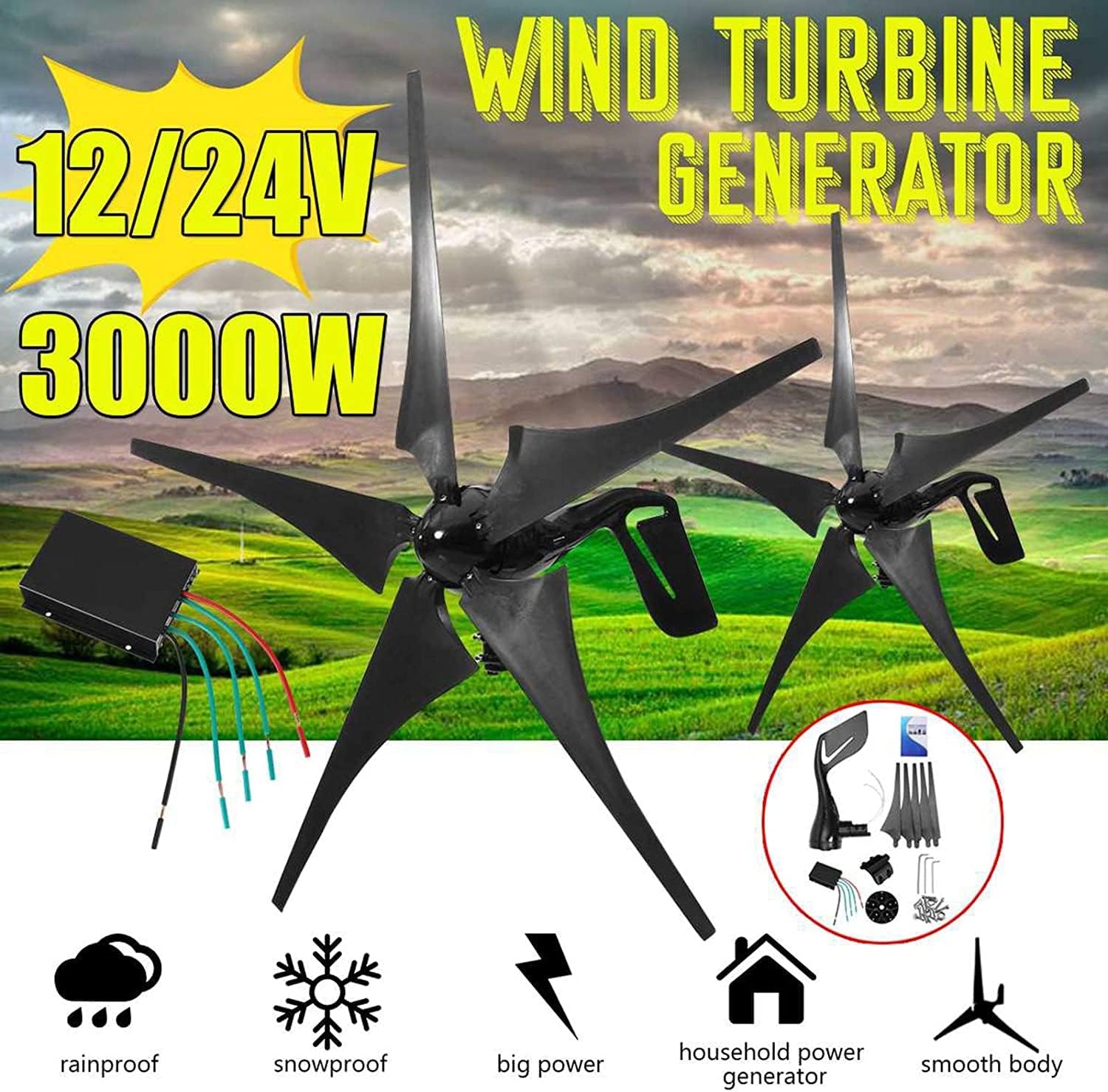 LiuSj JUnSt 3000W Horizontal Wind Generator, 5 Blades Wind Turbines with Charge Controller Suitable for Home Gardens, Boats, Outdoors,220v