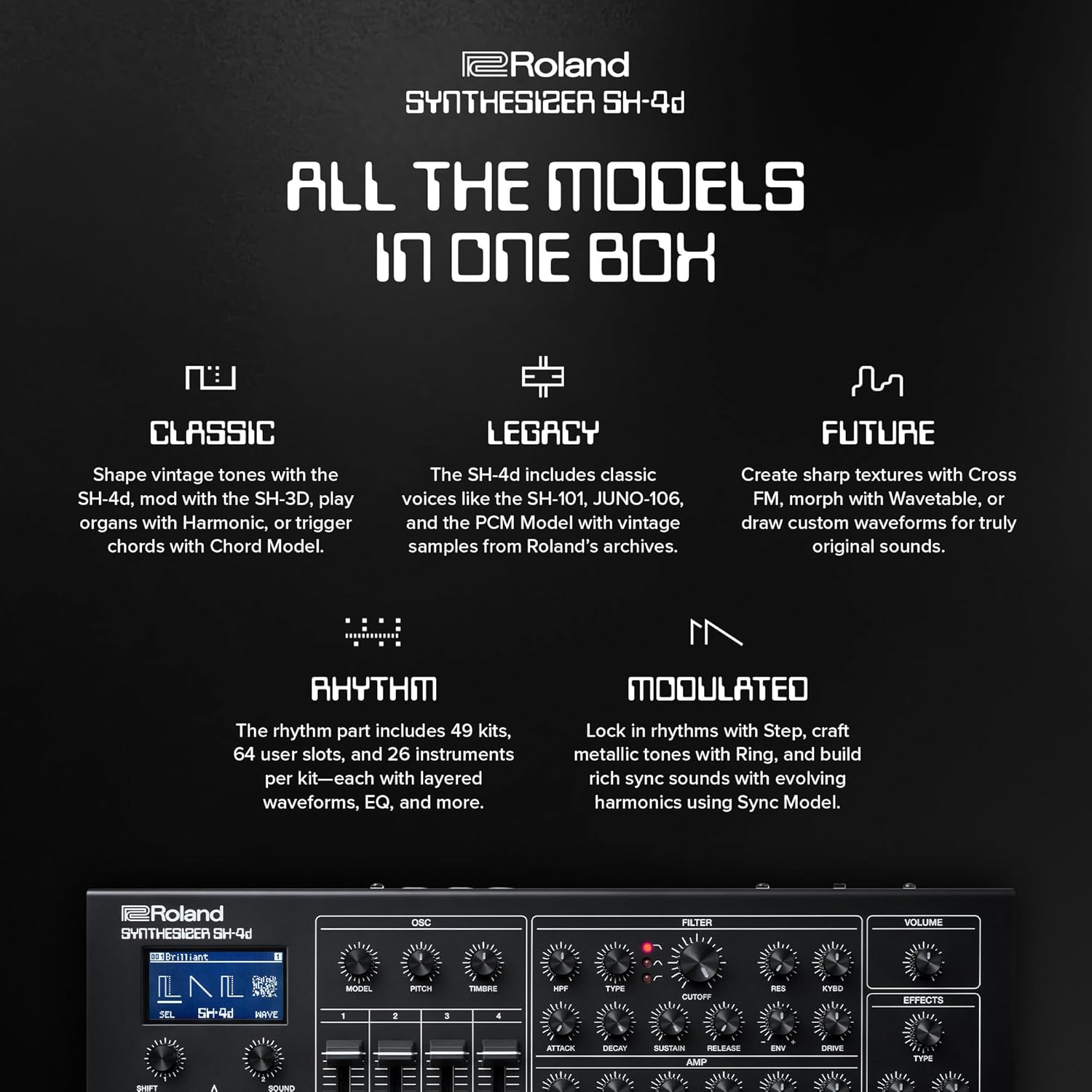 Roland SH-4d Compact Desktop Synthesizer | 11 OSC Models | Professional Sound Design Tools | Perfect for Studio & Stage | Hands-On Workflow | Multitimbral Pattern Sequencer | Extensive FX
