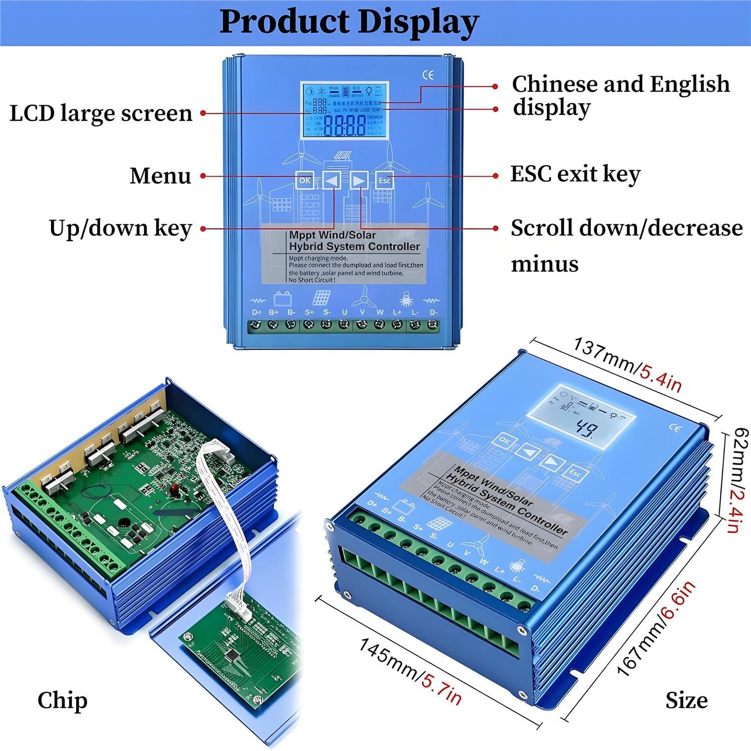 16000W Wind and Solar Charge Controller,Off Grid with Unloader Hybrid Wind Solar Controller,with LCD Display and Mppt Charge Controller,for Home, Boat, Street Light 24V